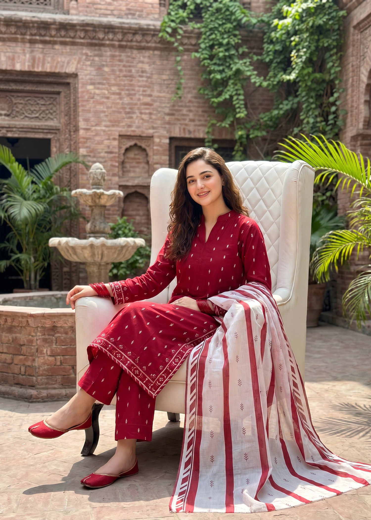 cotton Kurta Set in Rose red