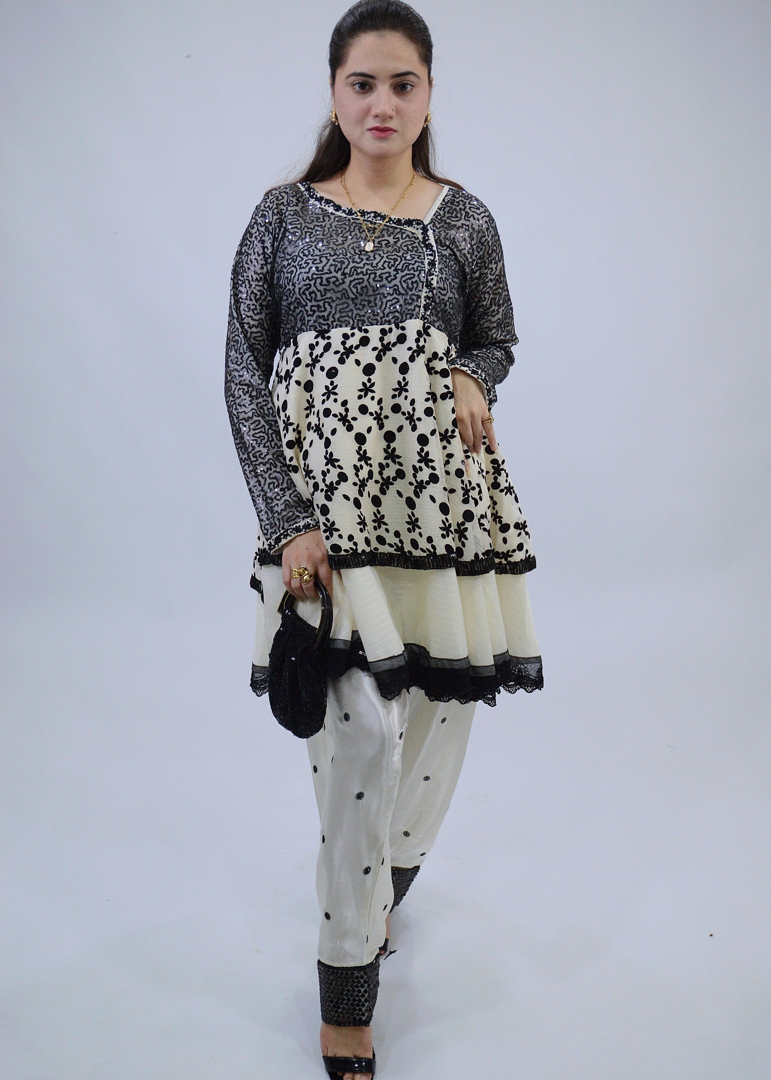 chiffon Short Frock in White, off-white, black