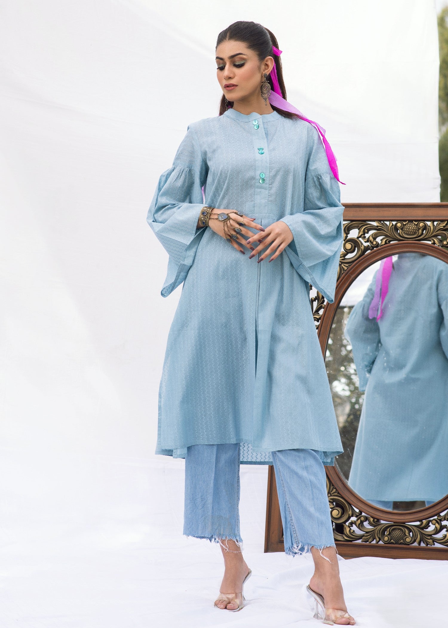 textured lawn Kurti in Ice blue