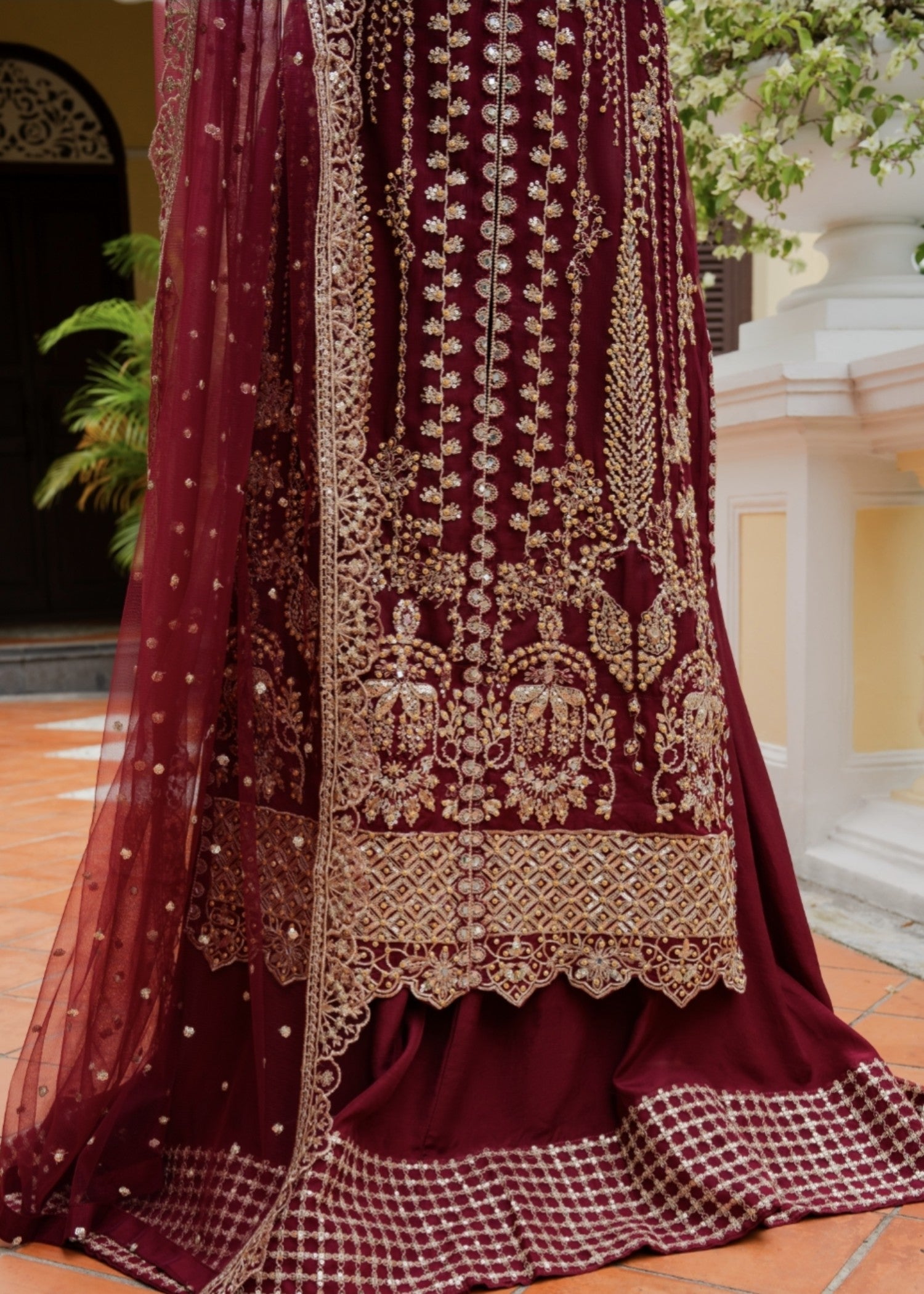 net Lehenga in Maroon