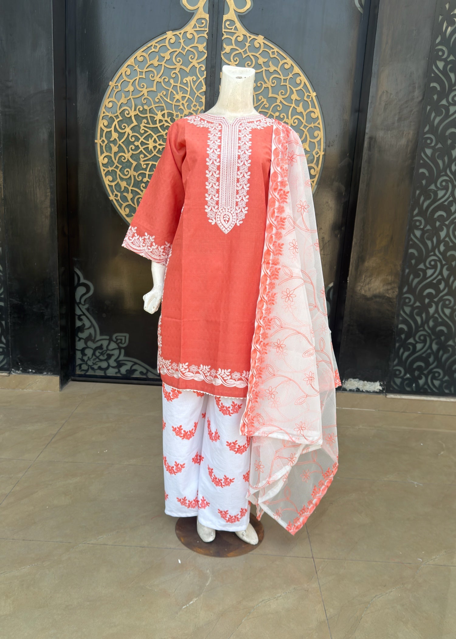cotton dobby Kurta Set in Peach orange