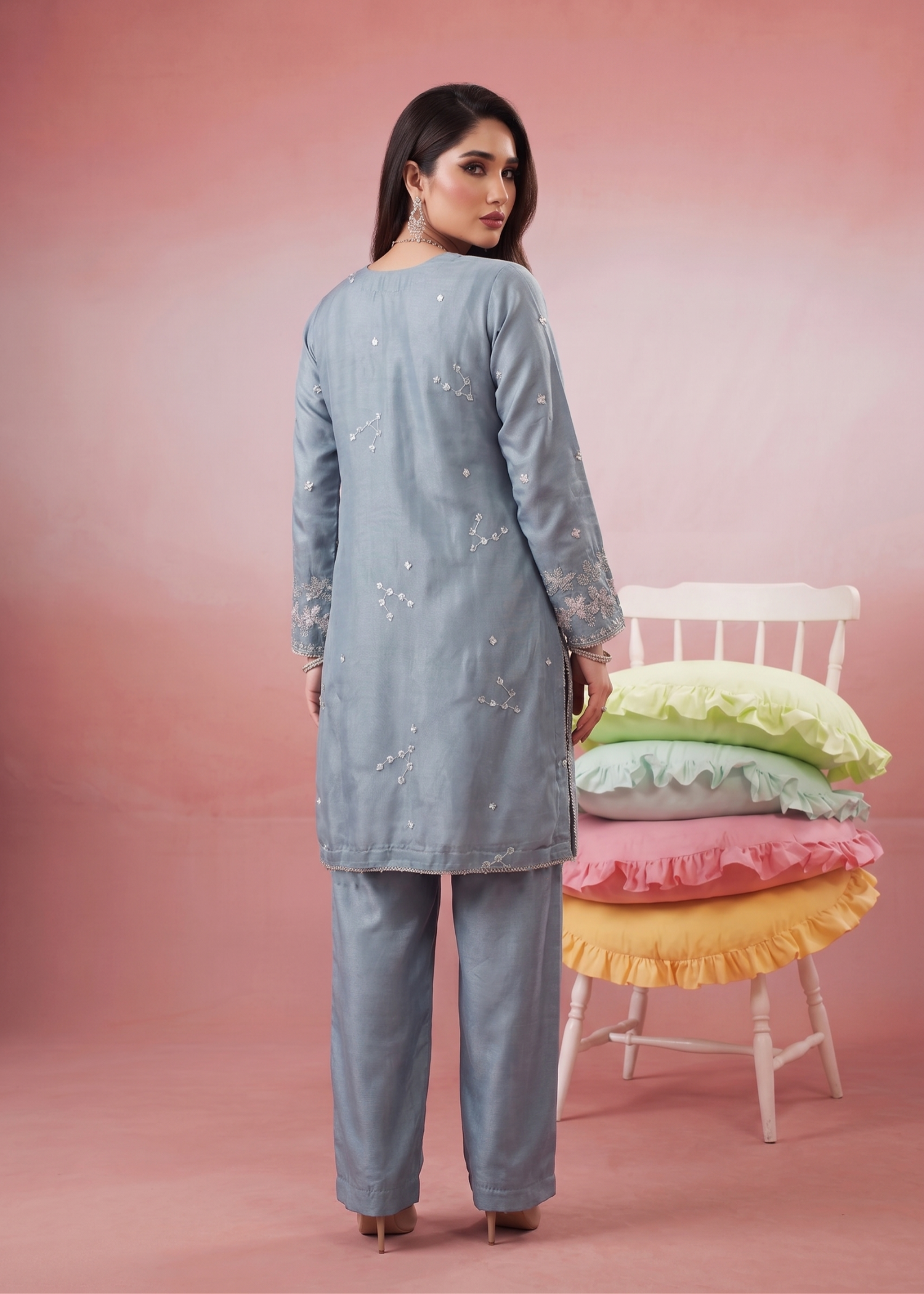 organza Kurta Set in Duck egg grey