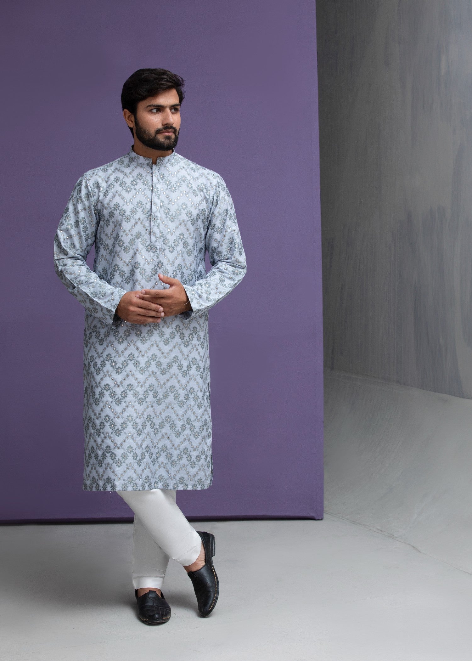 jacquard Kurta Set in Ice blue