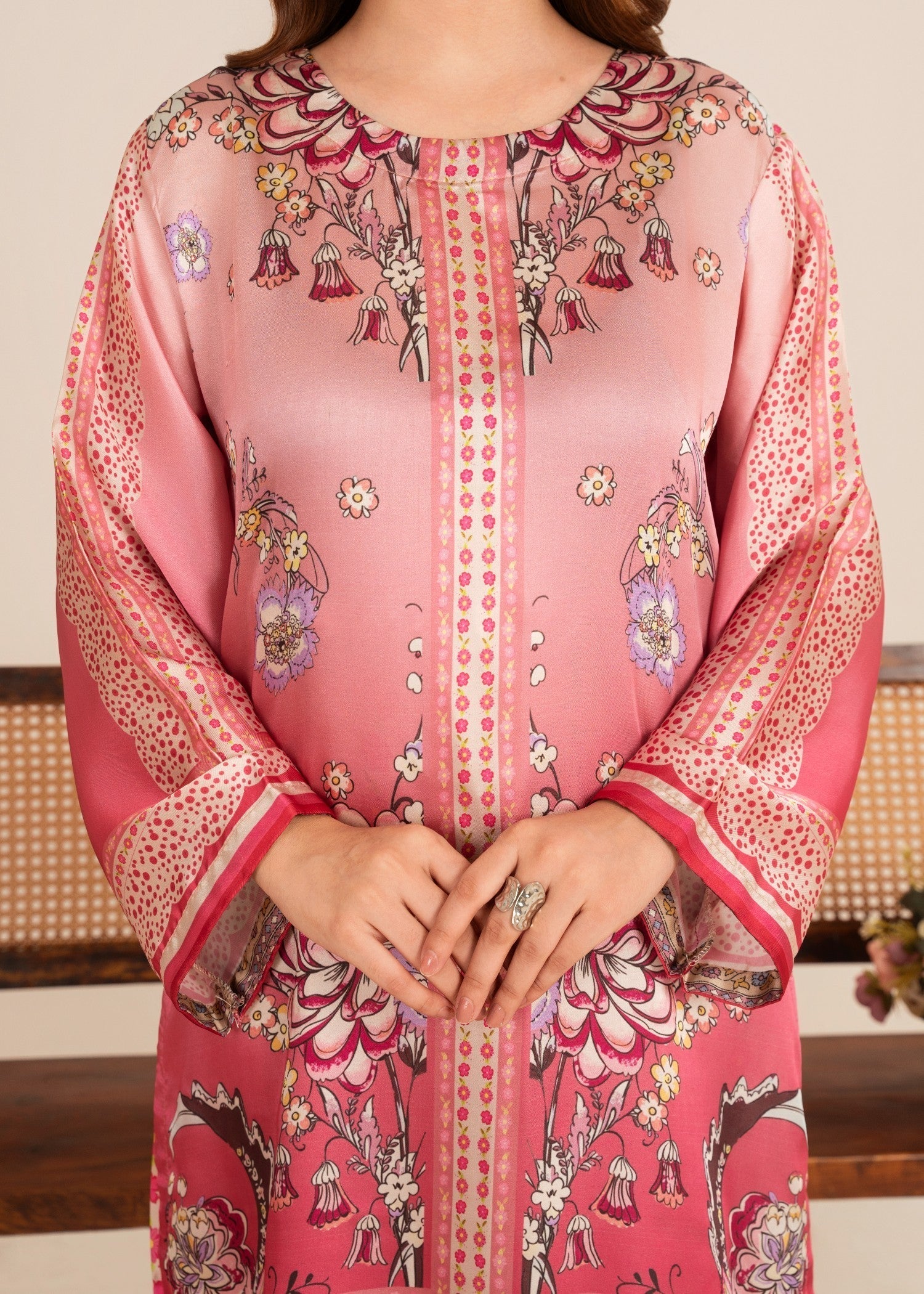 poly lawn Kurta Set in Hot pink red