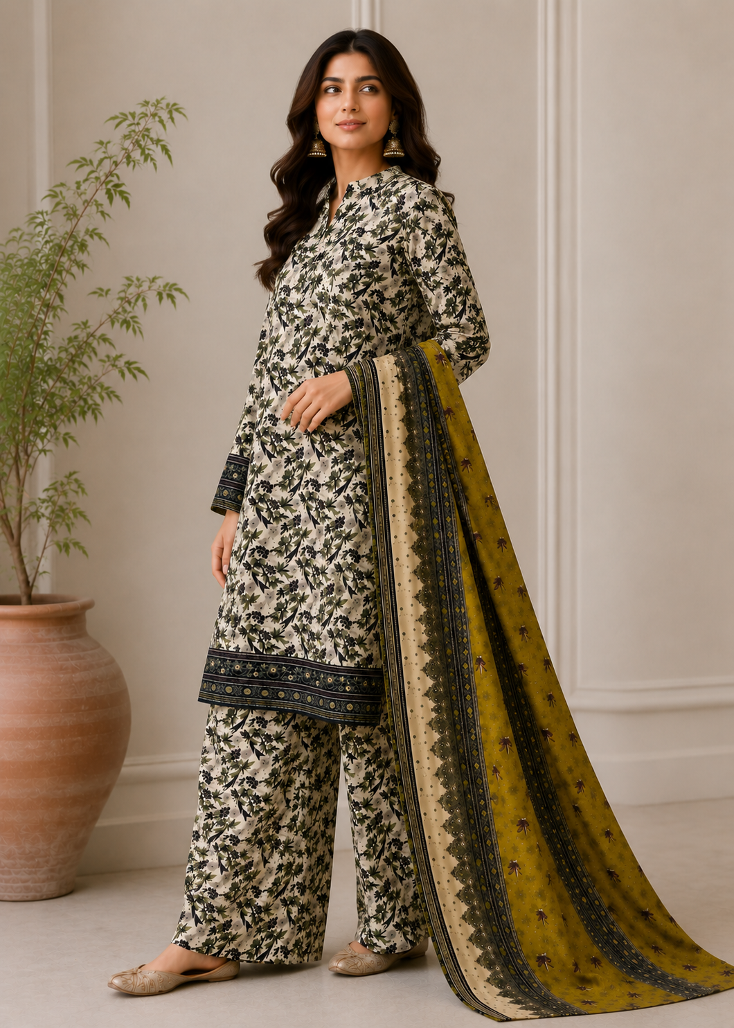 cotton Unstitched in Beige, army green