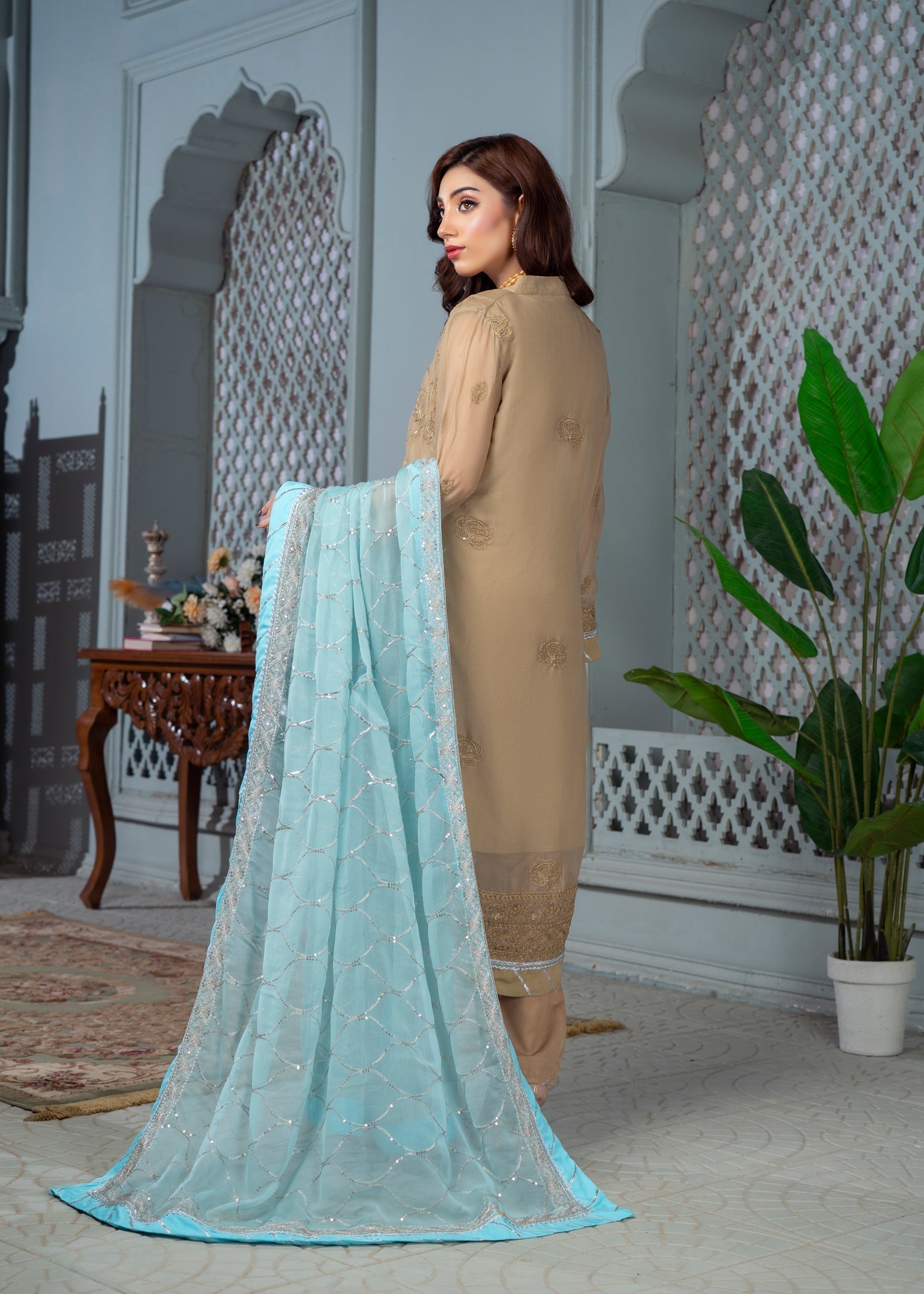 chiffon Kurta Set in Sand brown