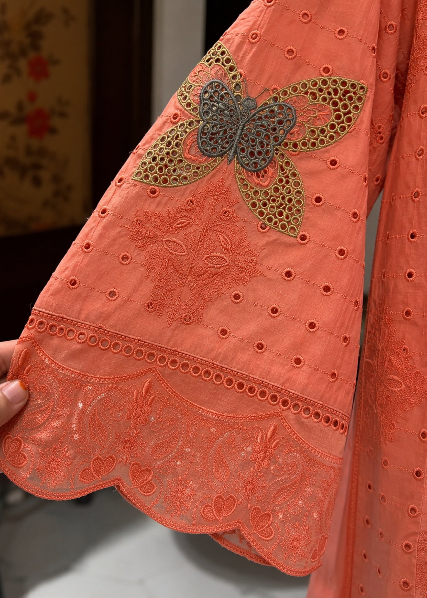 textured lawn Kurta Set in Coral orange