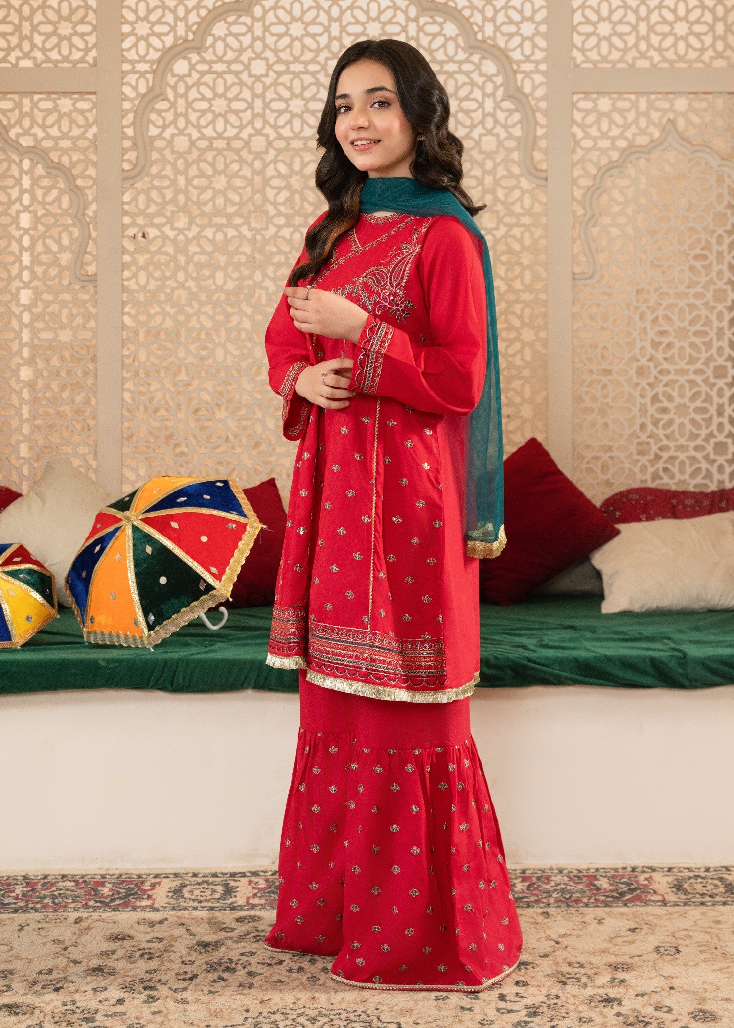 cotton Gharara in Hot pink red