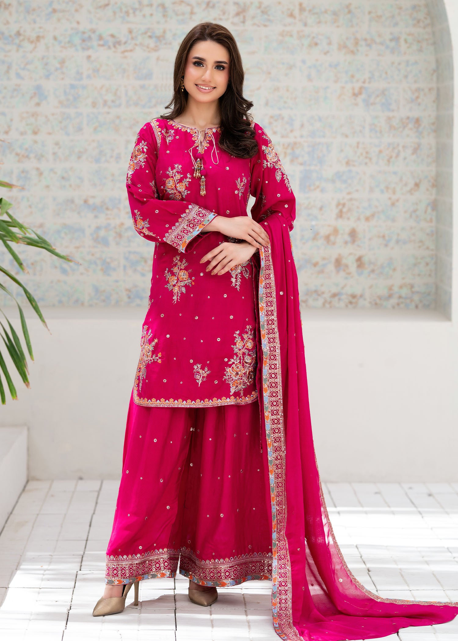 silk Kurta Set in Shocking pink