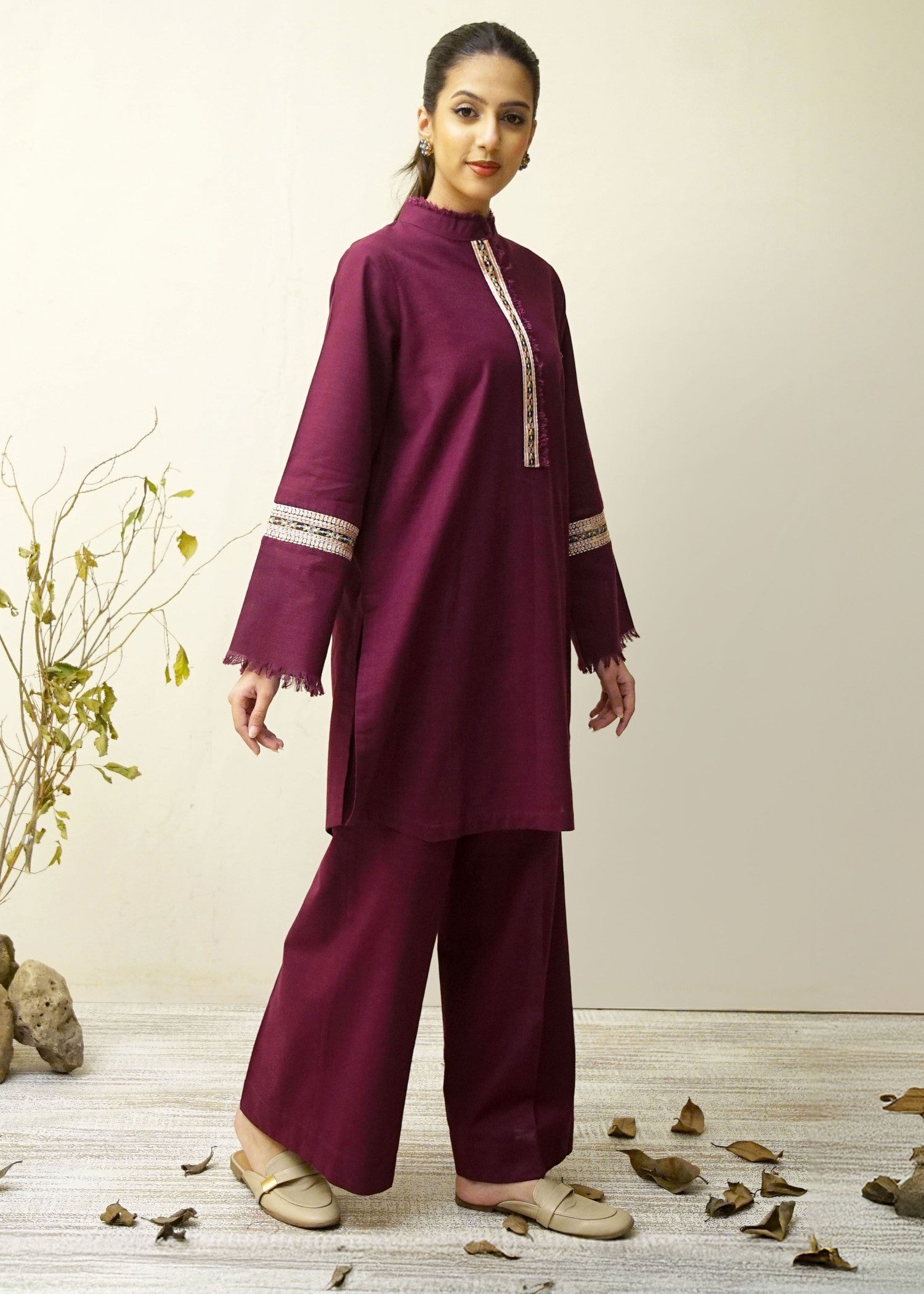 khaddar Kurta Set in Plum