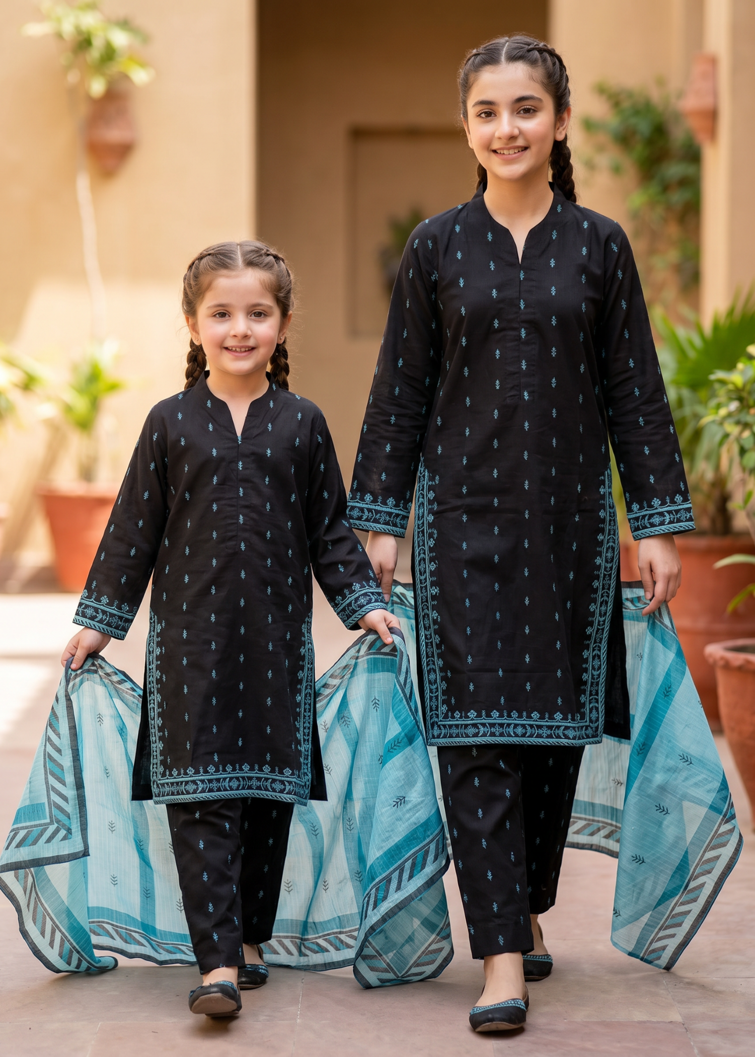 cotton Kurta Set in Black, sky blue