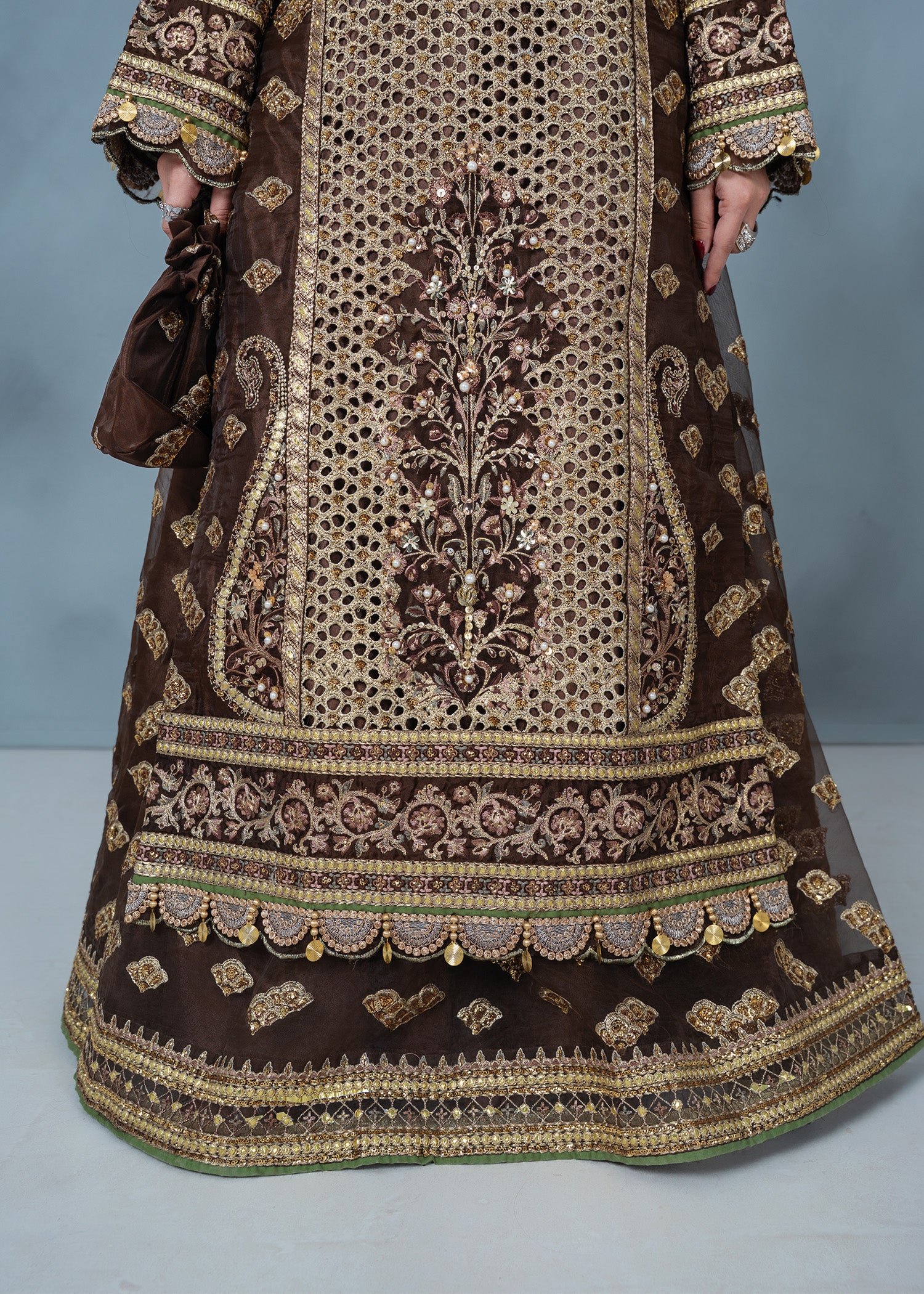 organza Lehenga in Brown