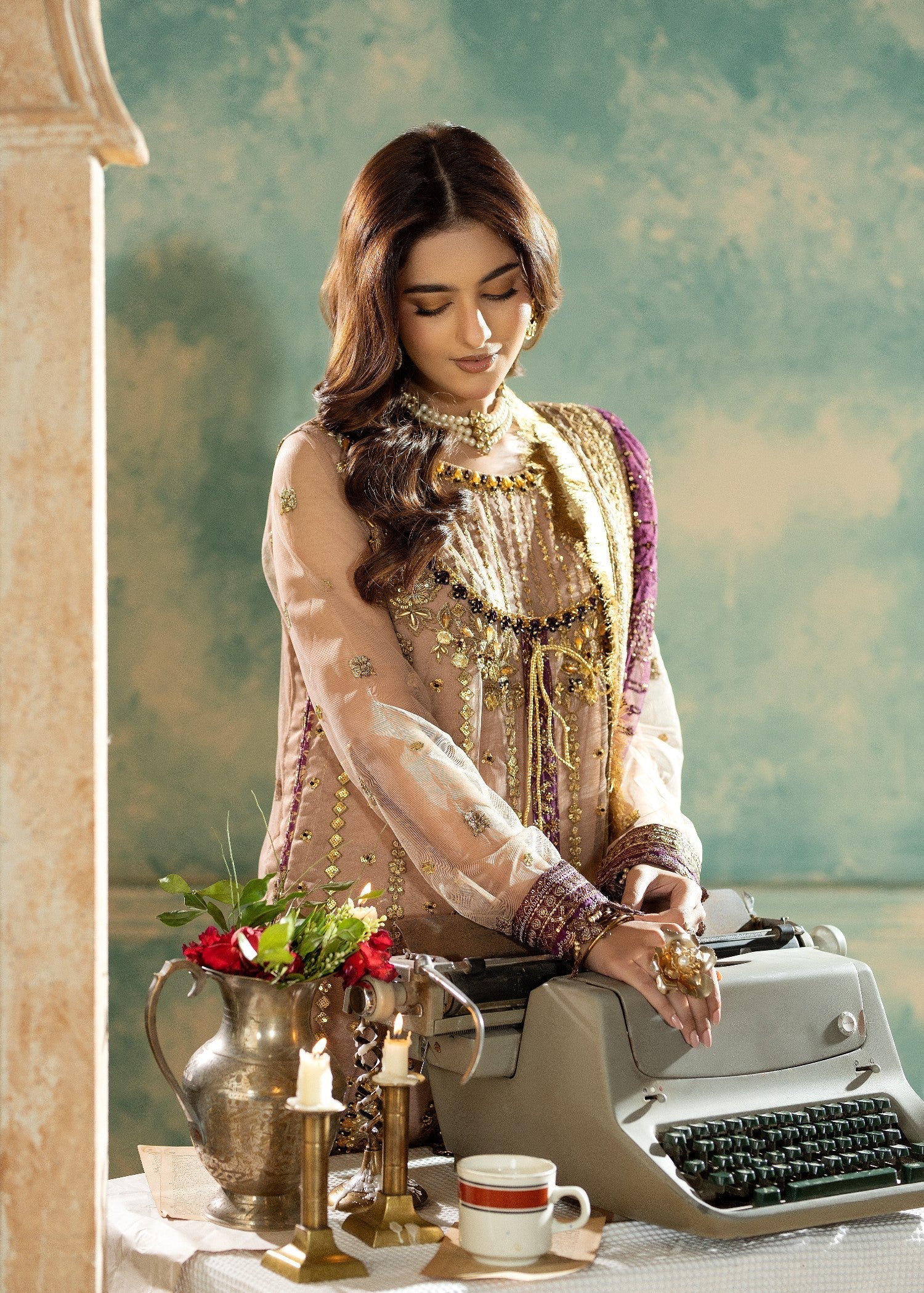 net Kurta Set in Peach pink