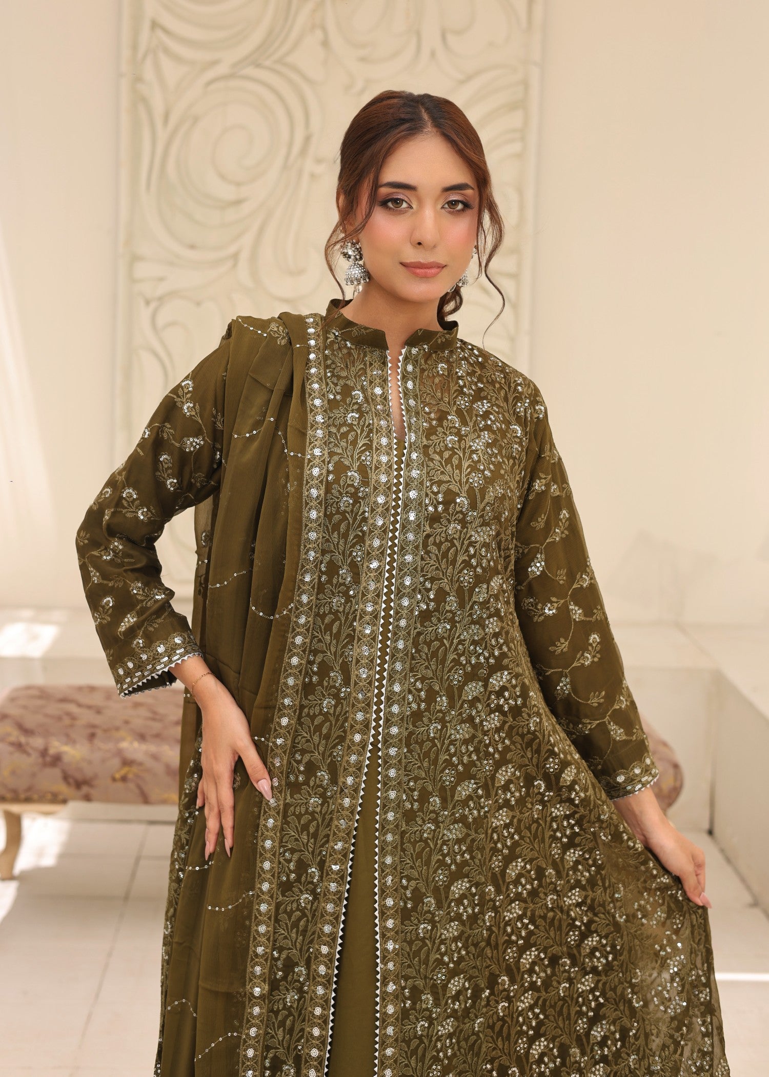 bemberg crinkle chiffon Maxi in Olive green