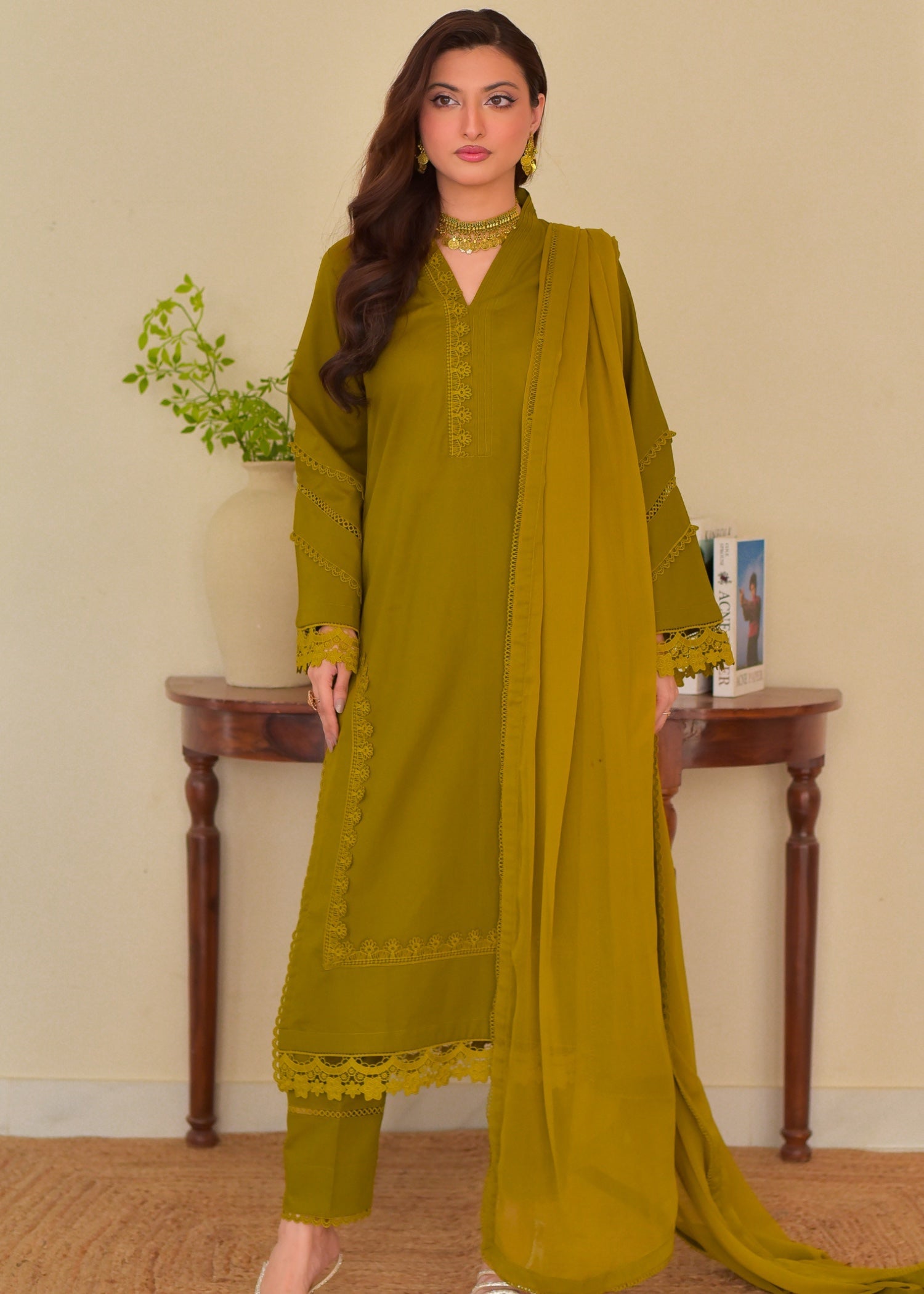 khaddar Kurta Set in Yellow green