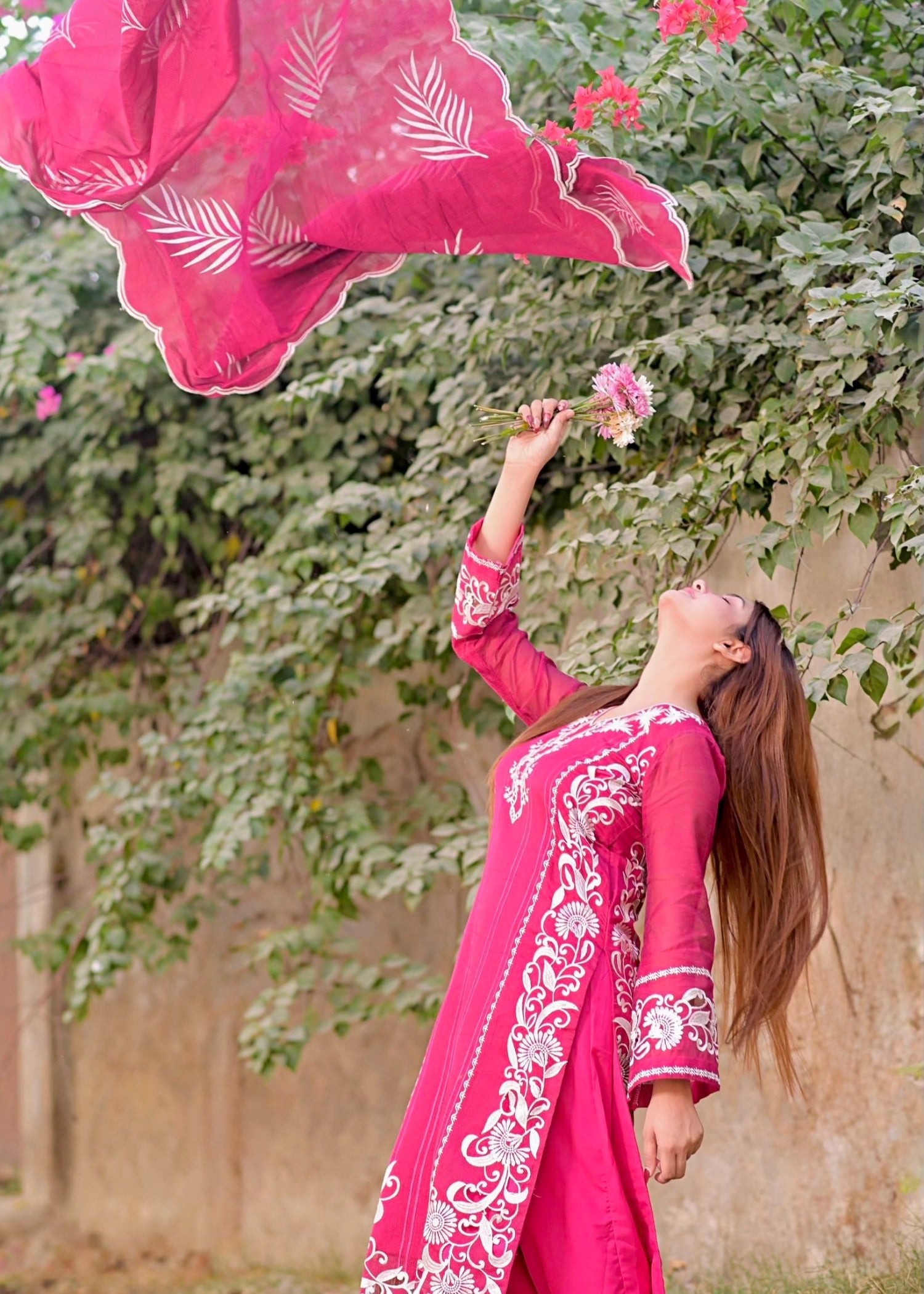 khaddi net Kurta Set in Hot pink