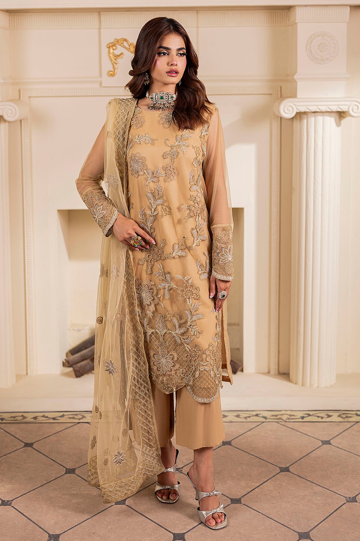 silk cotton net Kurta Set in Camel brown