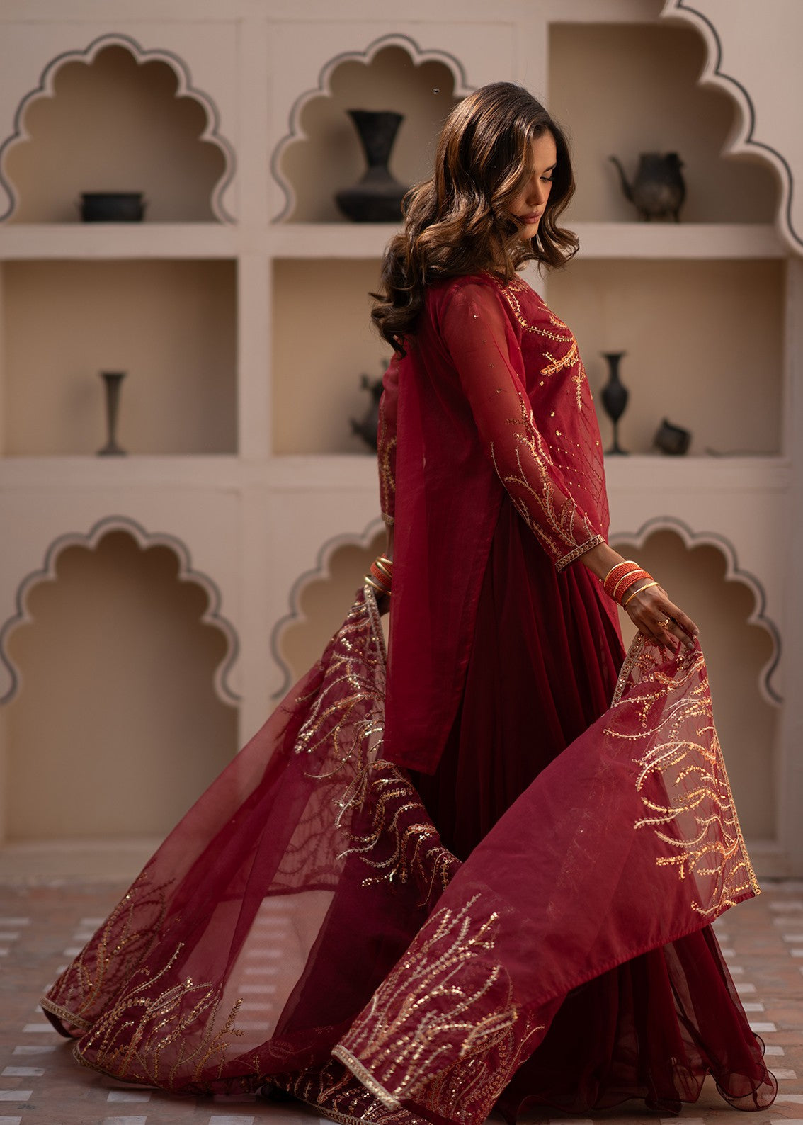 organza Pishwas in Maroon