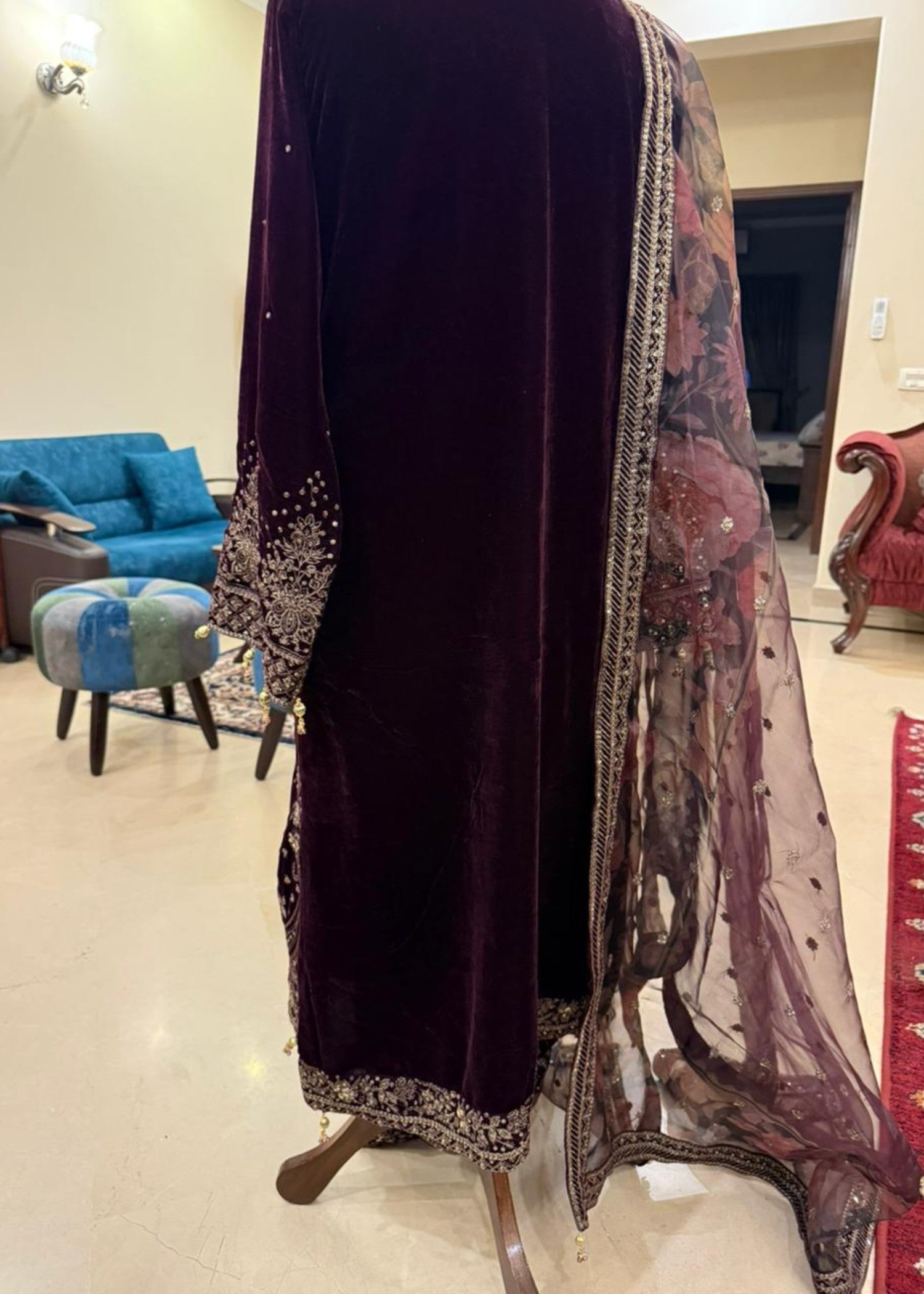 velvet Kurta Set in Plum