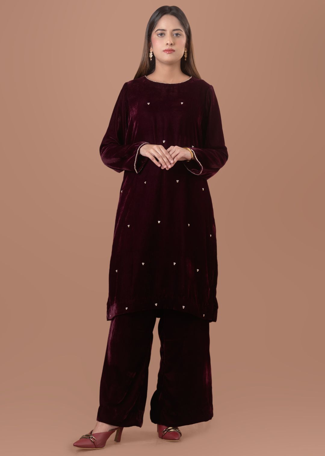 chinese micro velvet 9000 Kurta Set in Burgundy