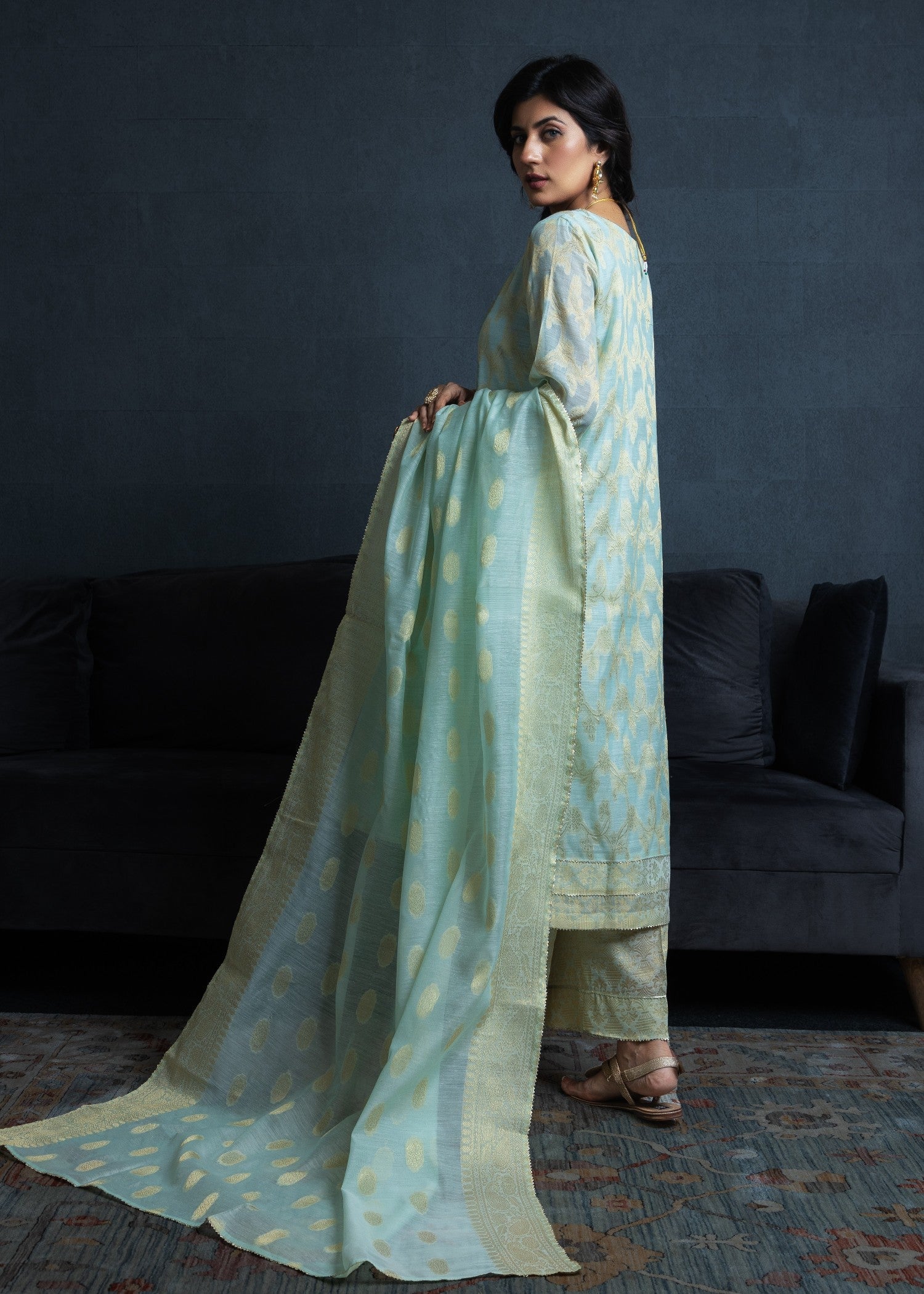 banarasi brocade Kurta Set in Aquamarine