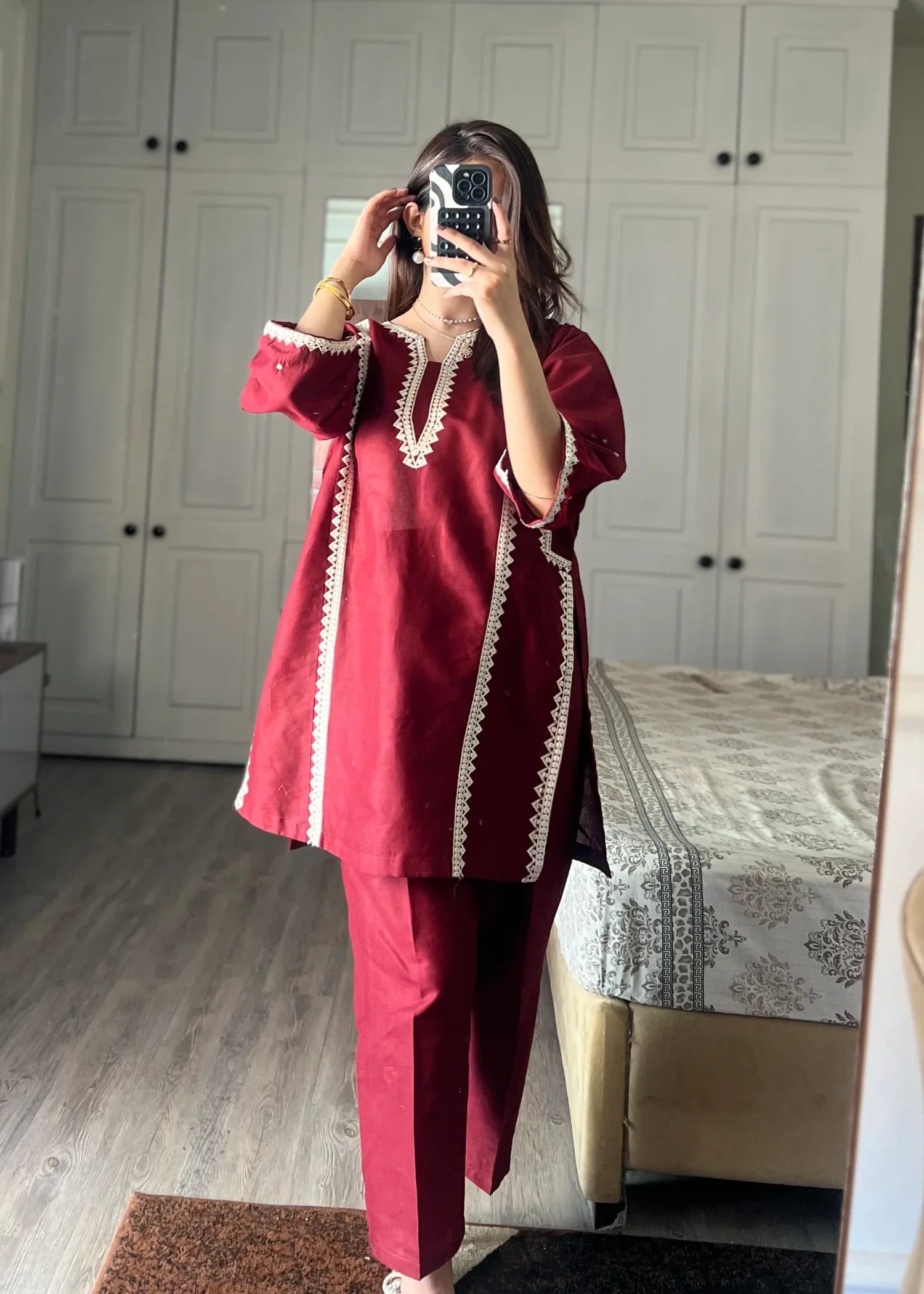 cotton linen Kurta Set in Blood red