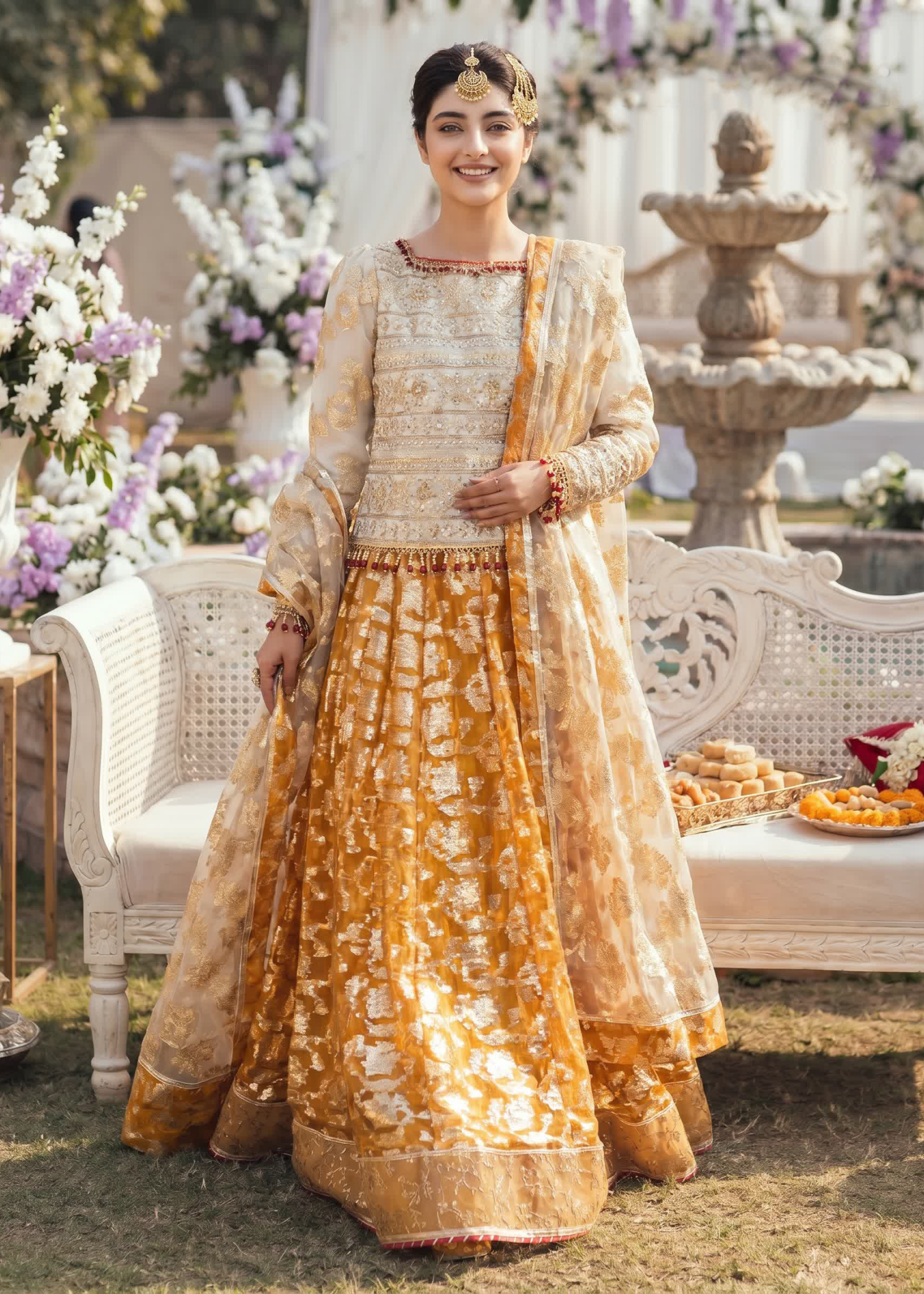 organza Lehenga in Beige, mustard