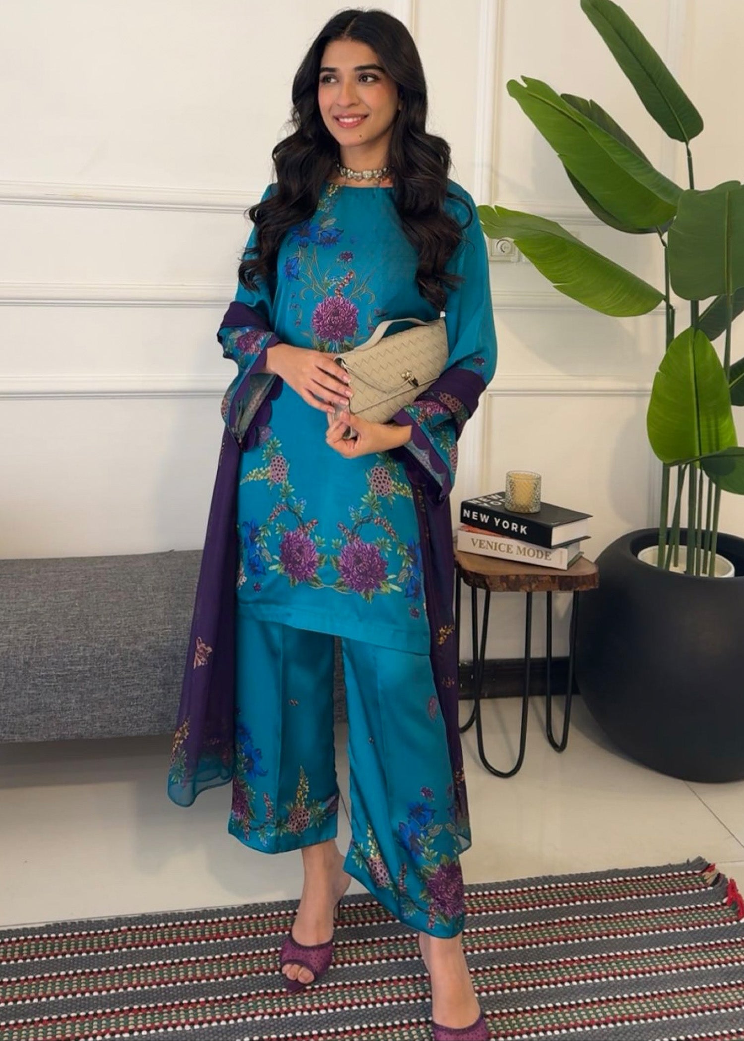 satin silk Kurta Set in Teal