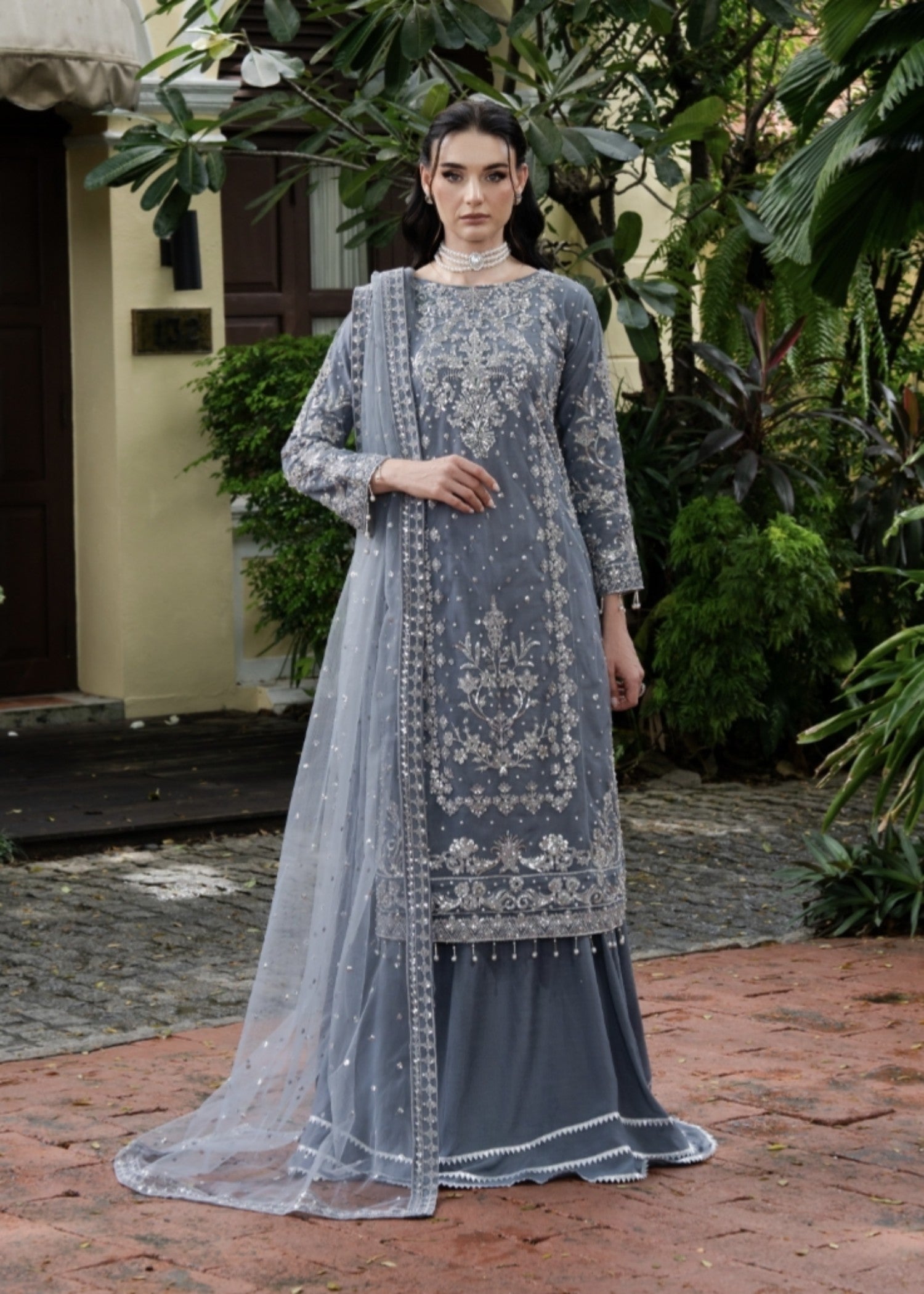 net Lehenga in Slate grey