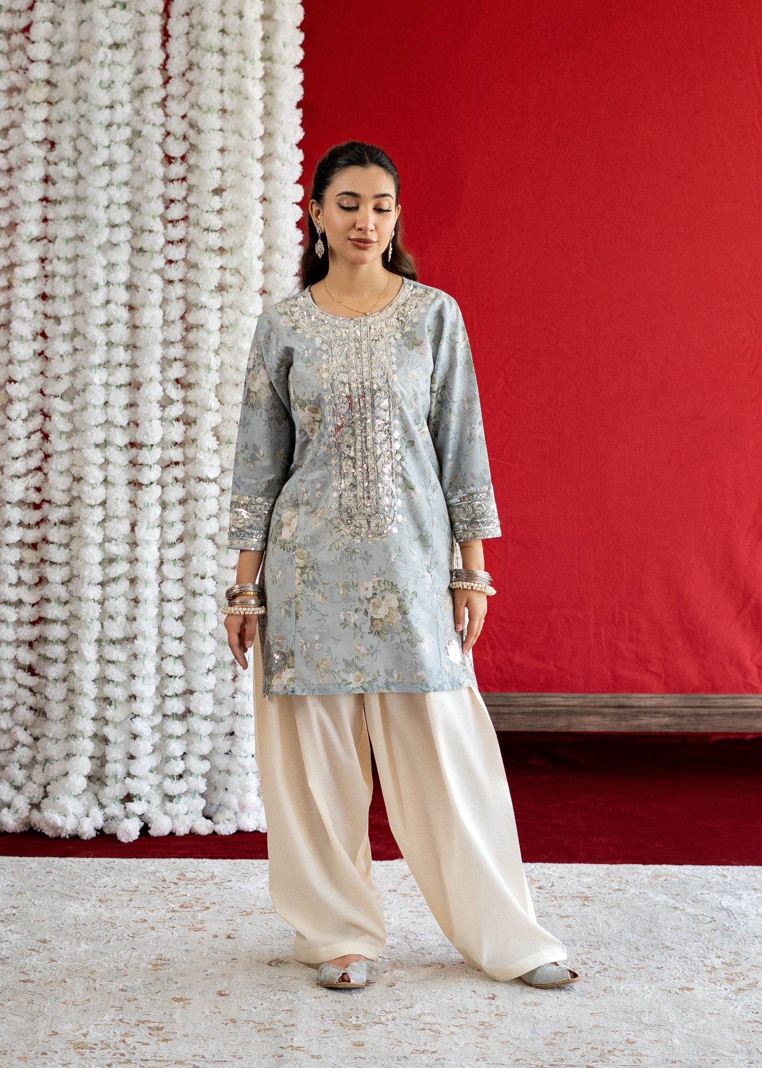 lawn Kurta Set in Off-white, light blue