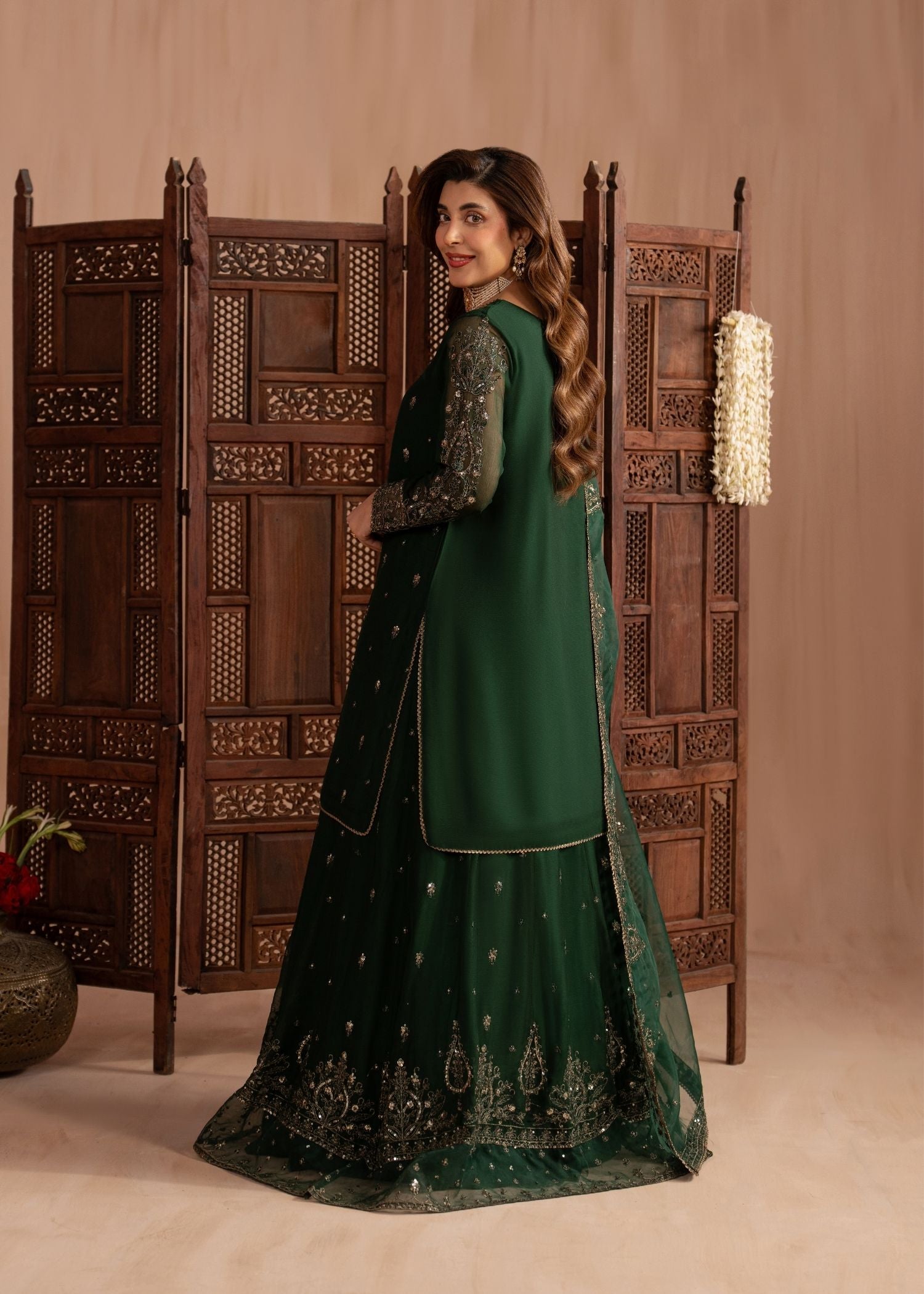 chiffon Lehenga in Bottle green