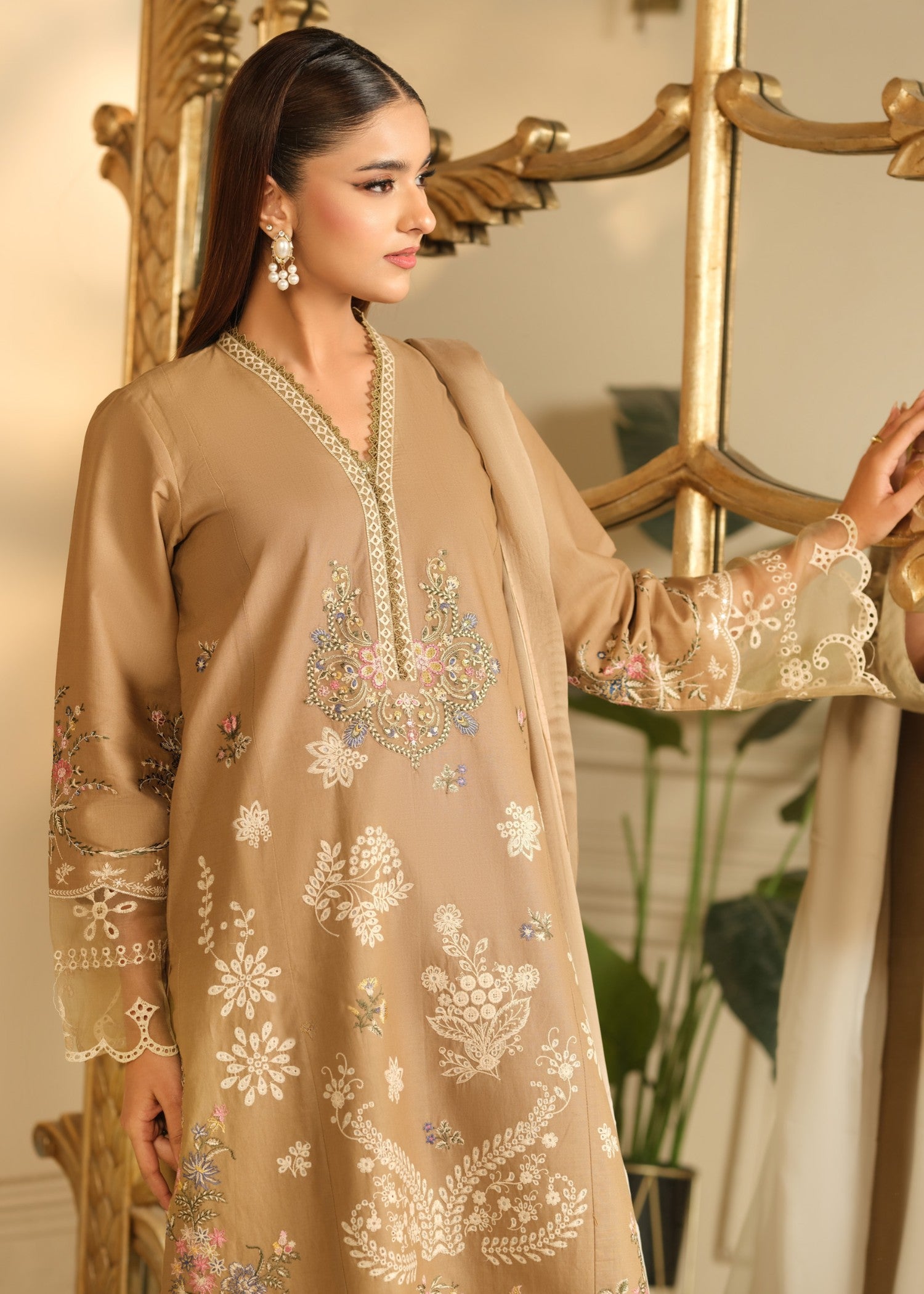 cambric cotton Kurta Set in Beige