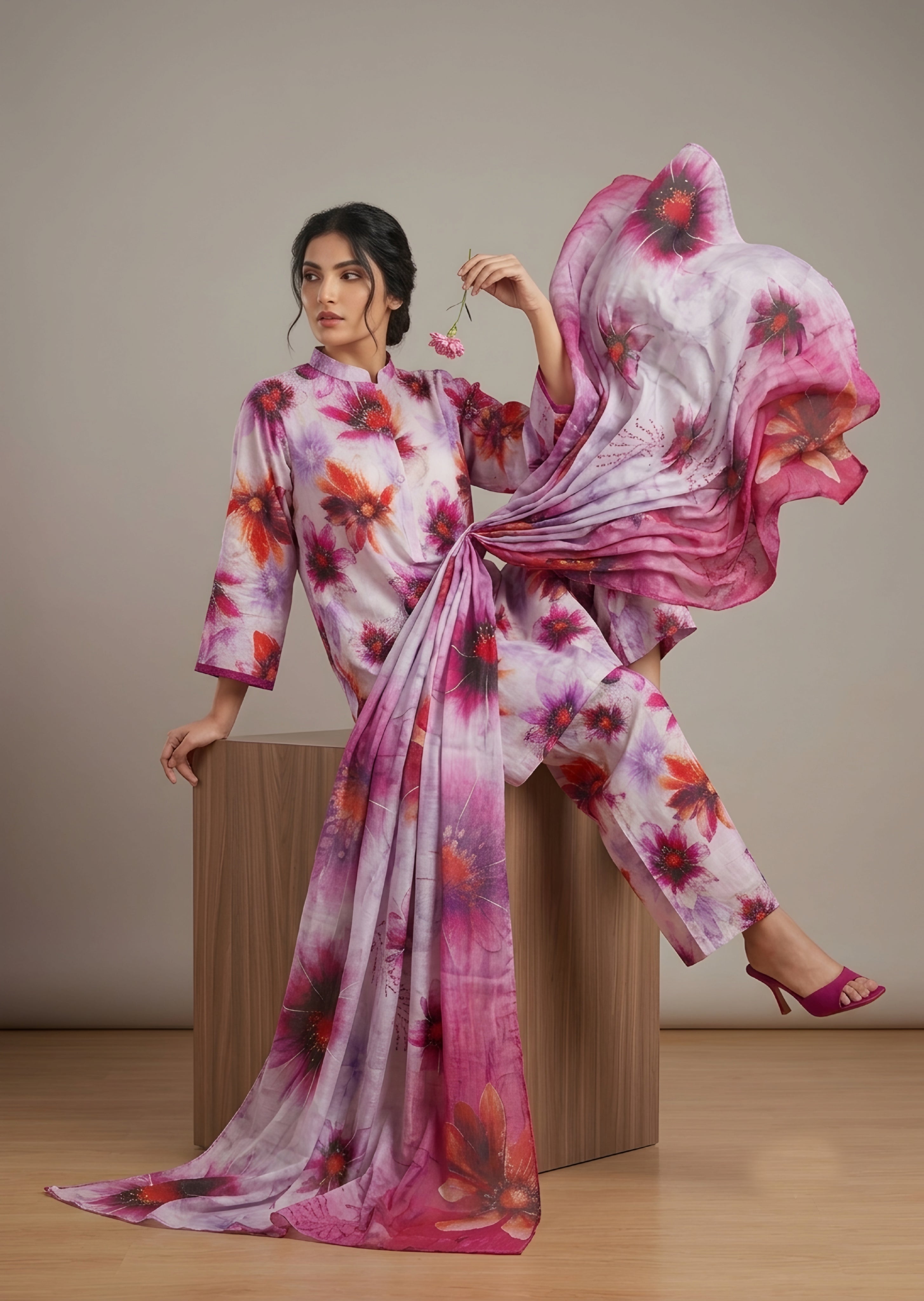 lawn Kurta Set in Mauve pink, lusty gallant