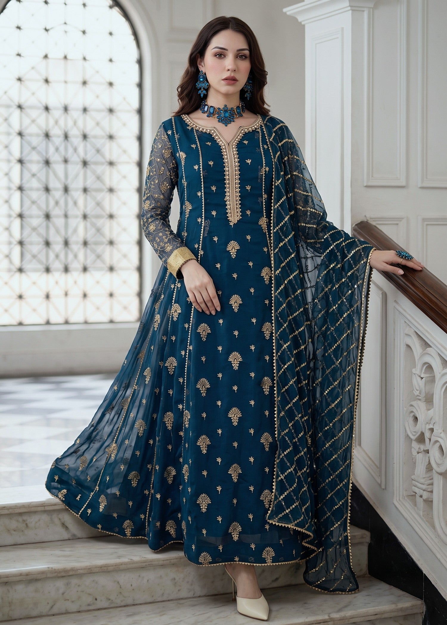 chiffon Anarkali in Prussian blue, twilight blue