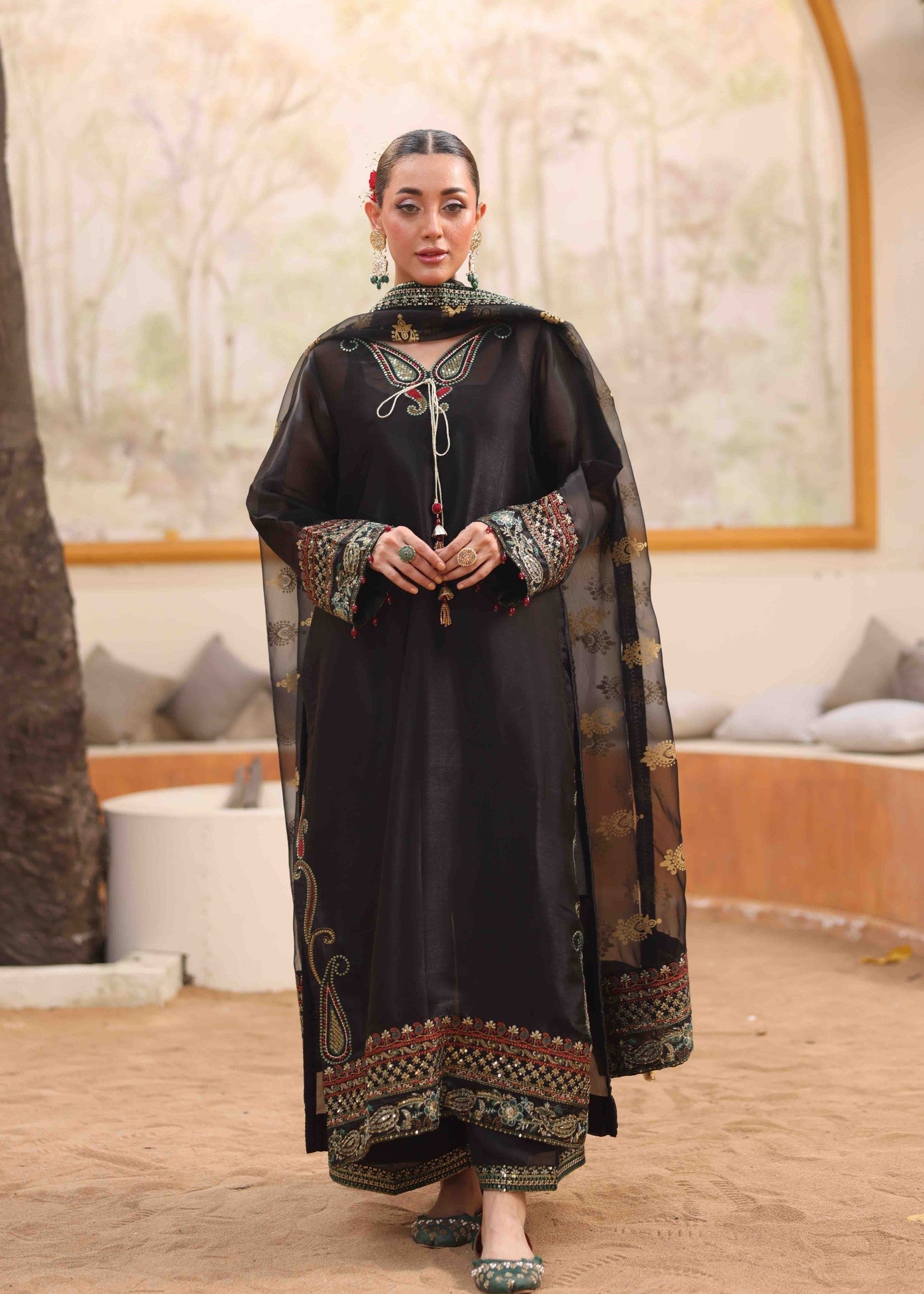 tissue silk Kurta Set in Black