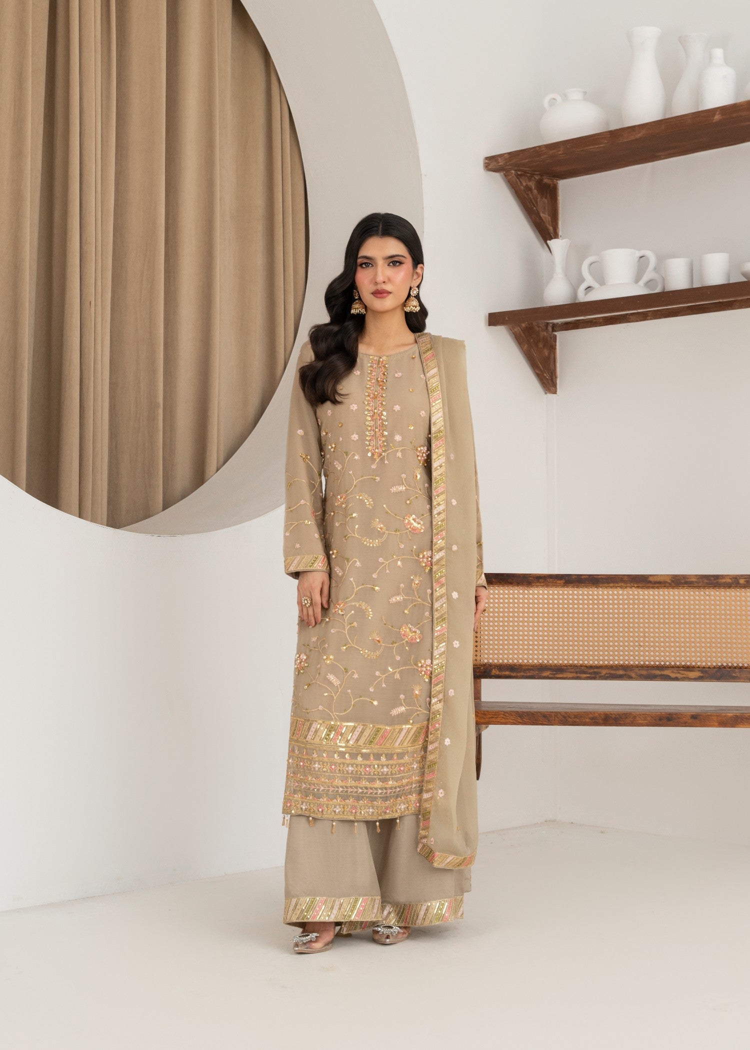 crinkle chiffon Kurta Set in Beige