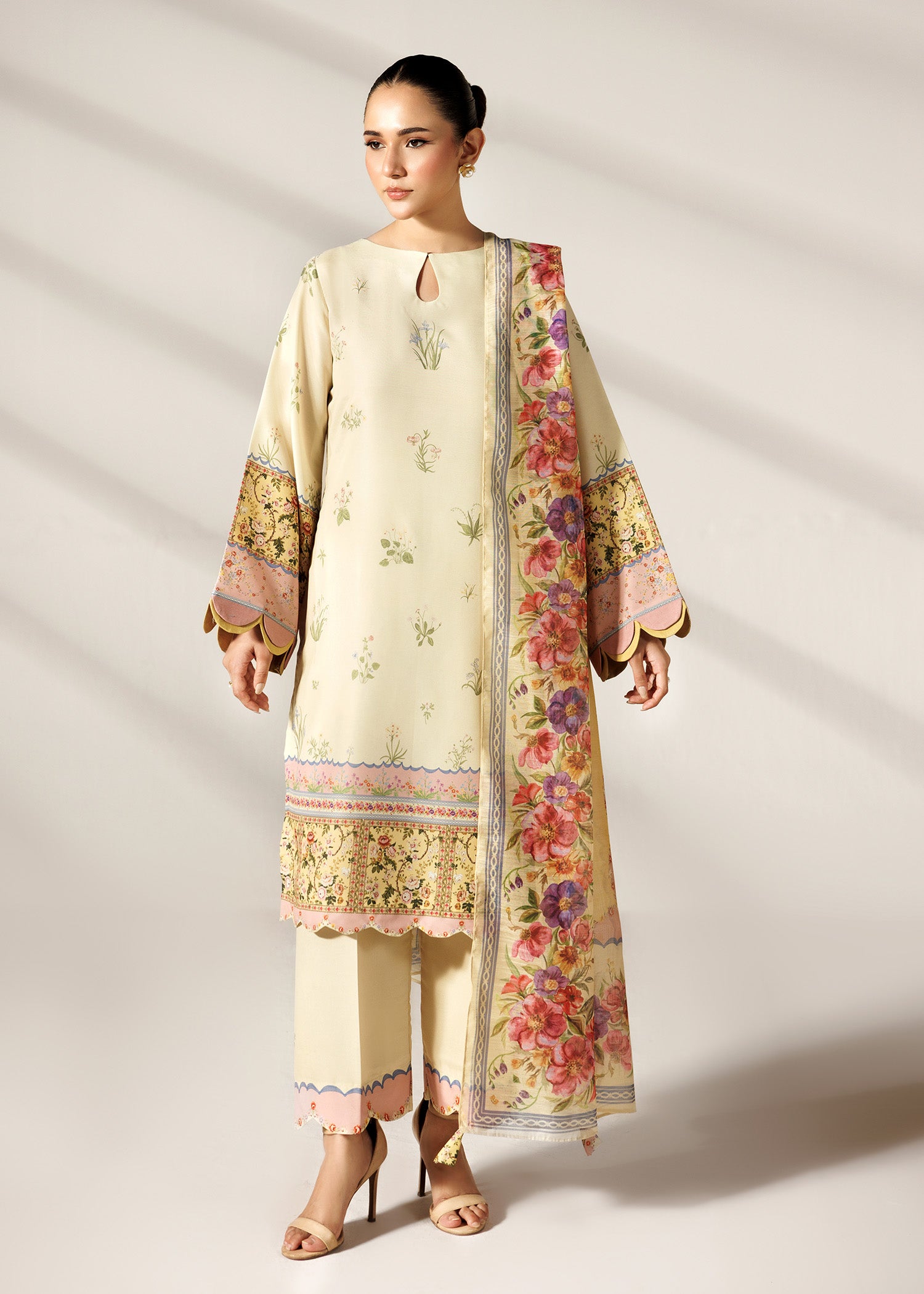silk finish lawn Kurta Set in Lemon
