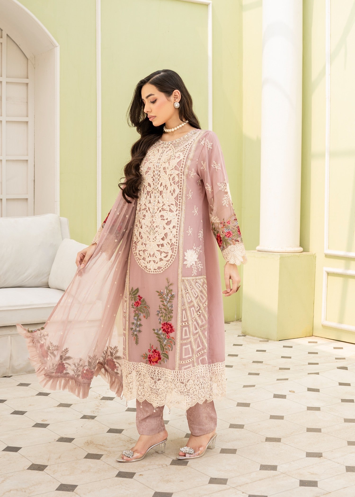 crinkle chiffon Kurta Set in Pink