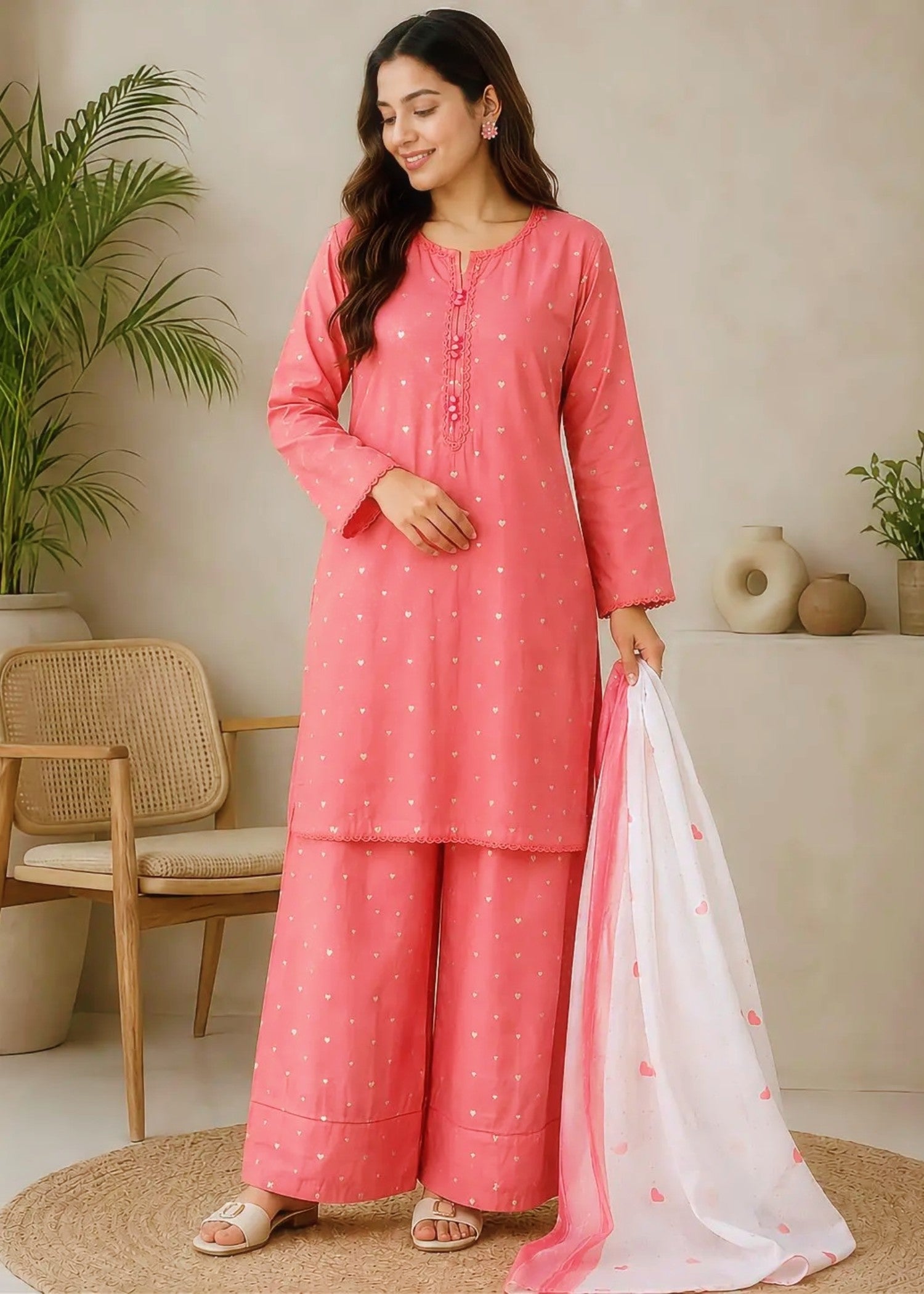 cotton Kurta Set in Coral pink