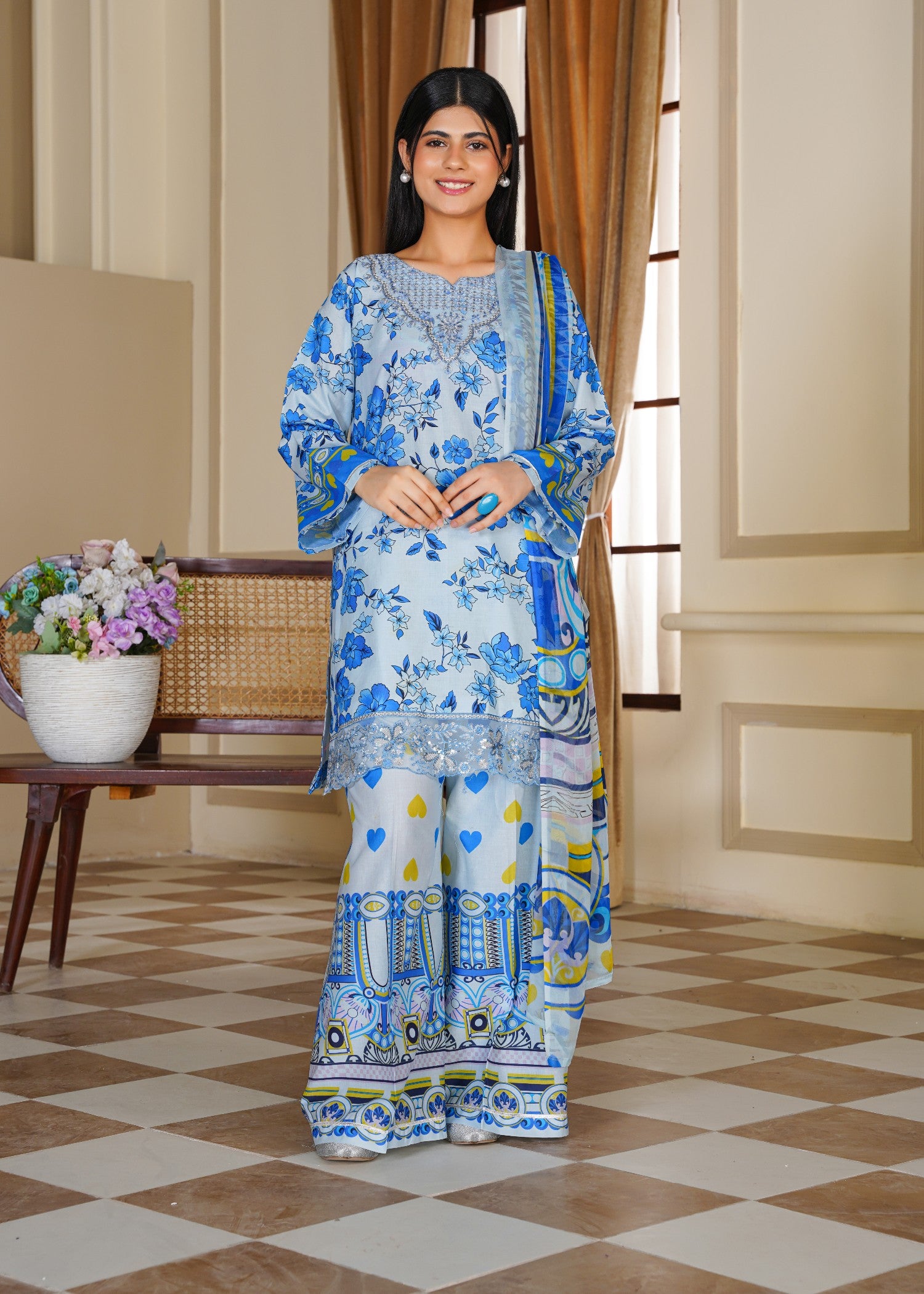 lawn Kurta Set in Cobalt blue, baby blue