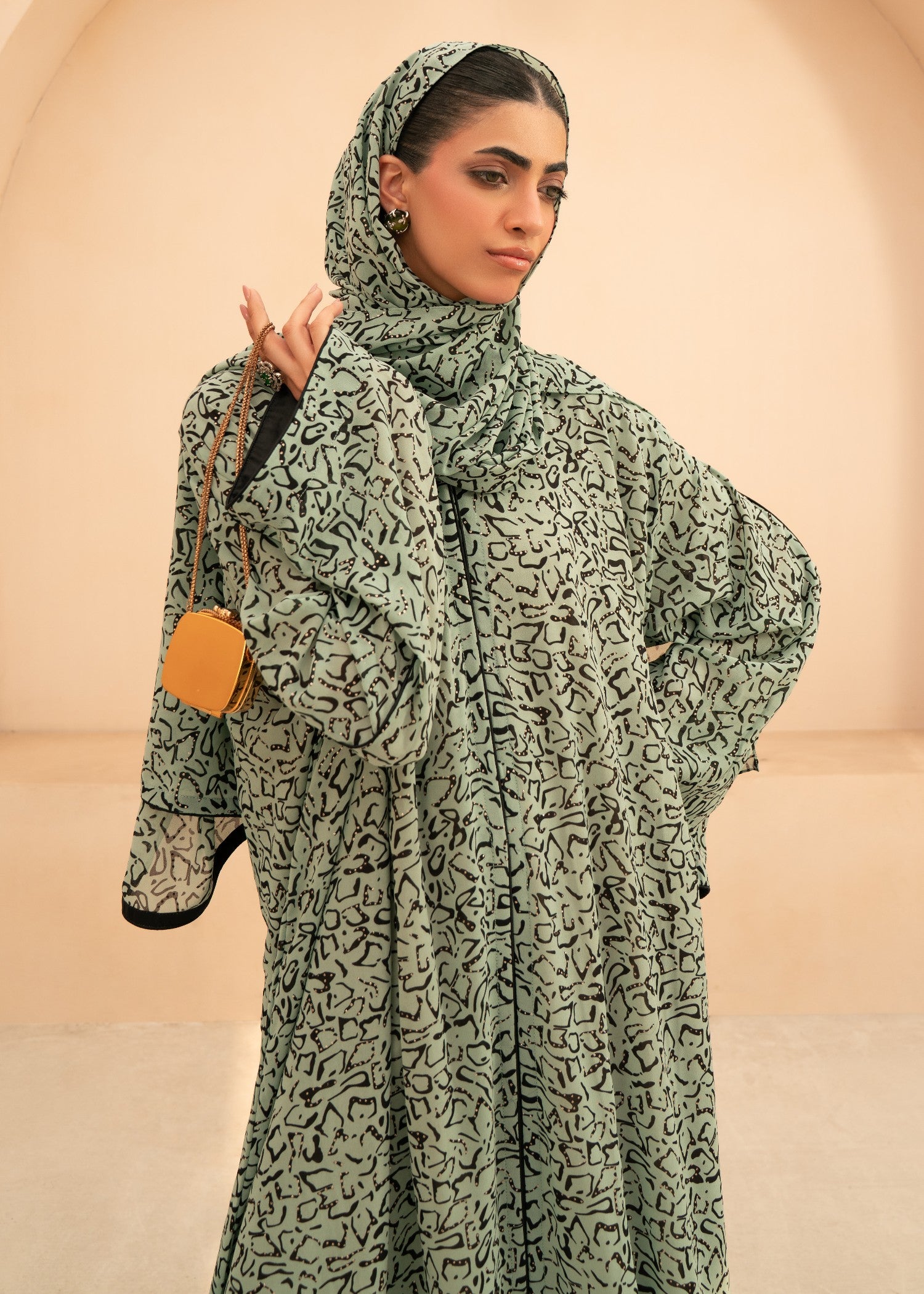 chiffon Abaya in Black, sage green, multi