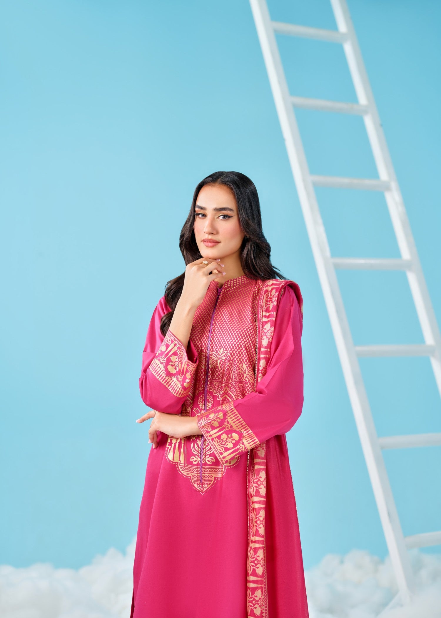 cambric cotton Kurta Set in Hot pink