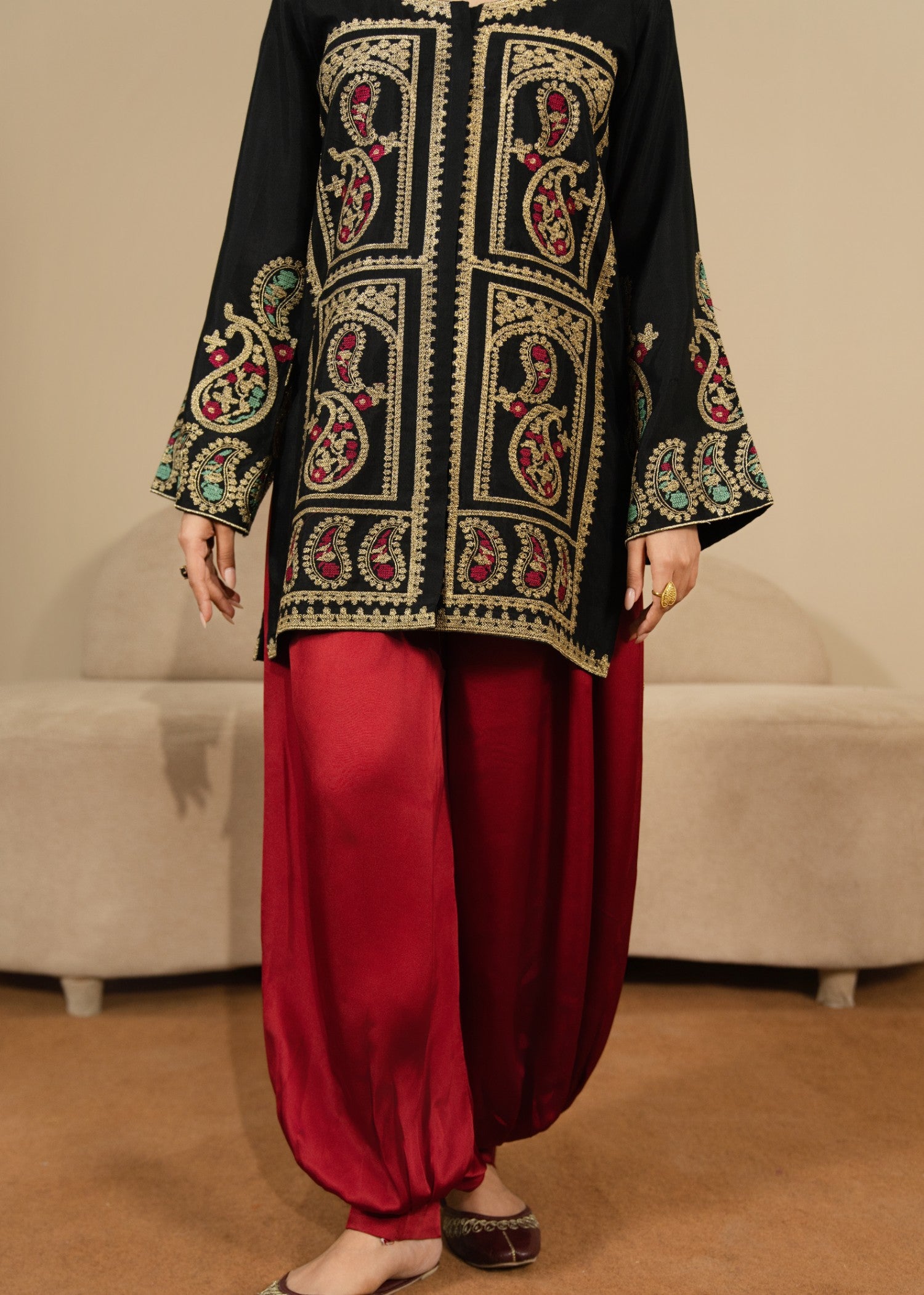 silk Kurta Set in Black, maroon