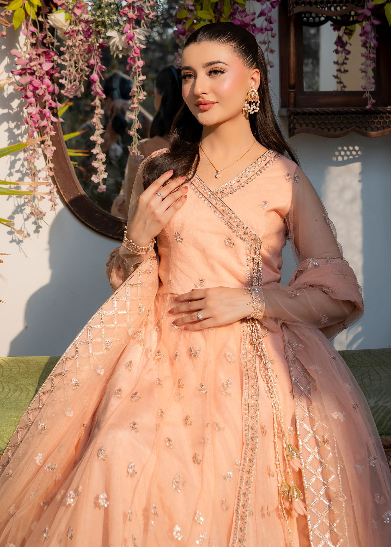 net Lehenga in Peach pink