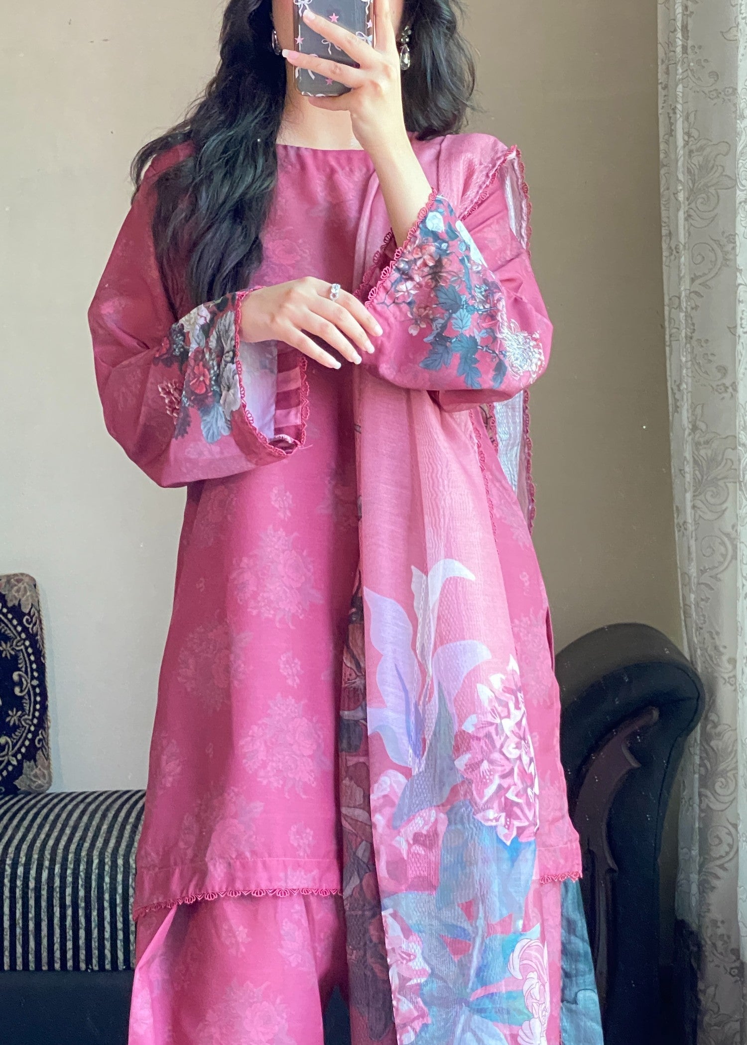 silk finish lawn Kurta Set in Magenta haze