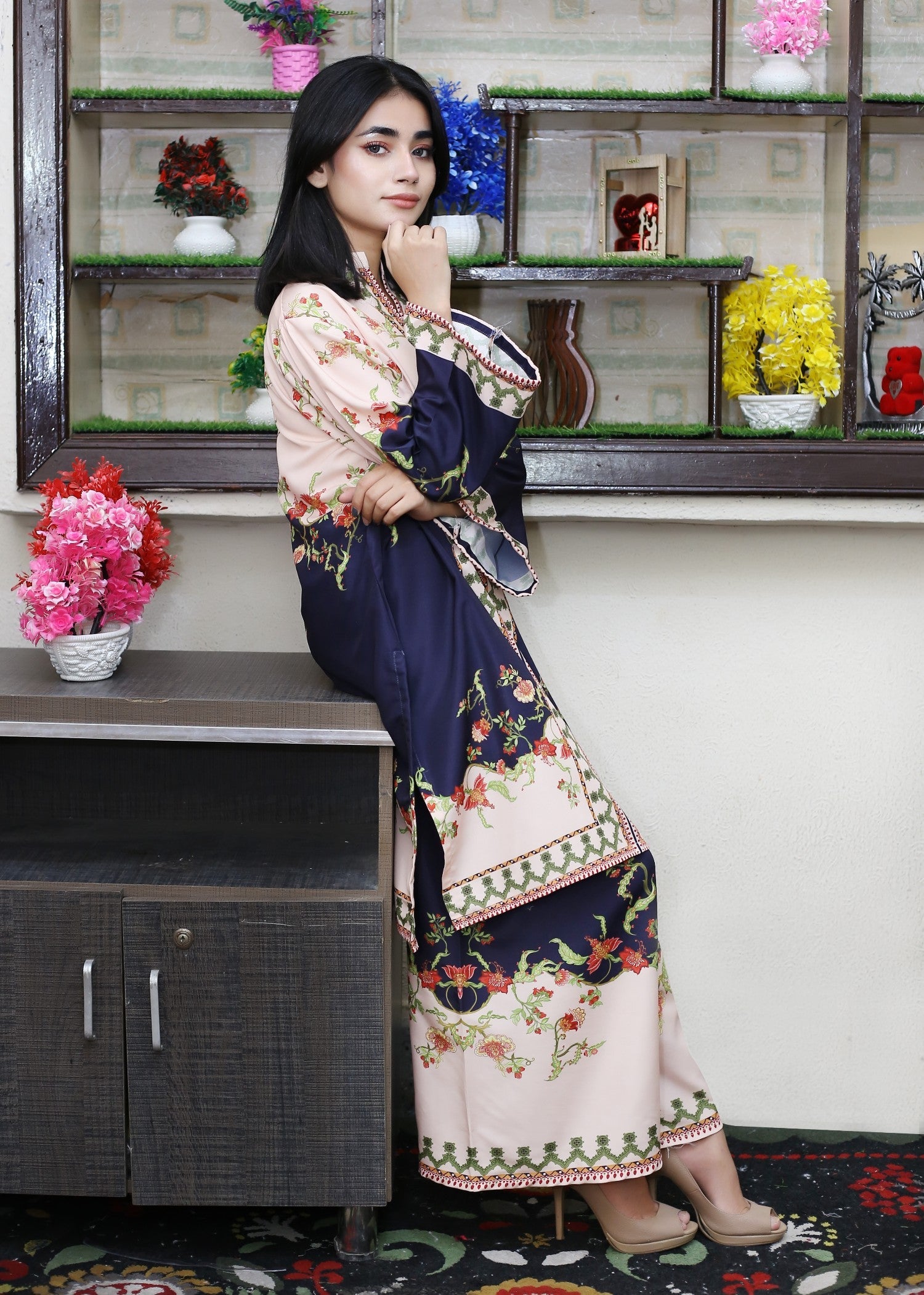 poly lawn Co Ord Sets in Dark blue, light pink