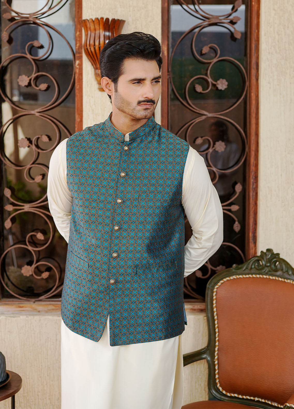 traditional jamawar Waistcoat in Multi by Real Image Clothing