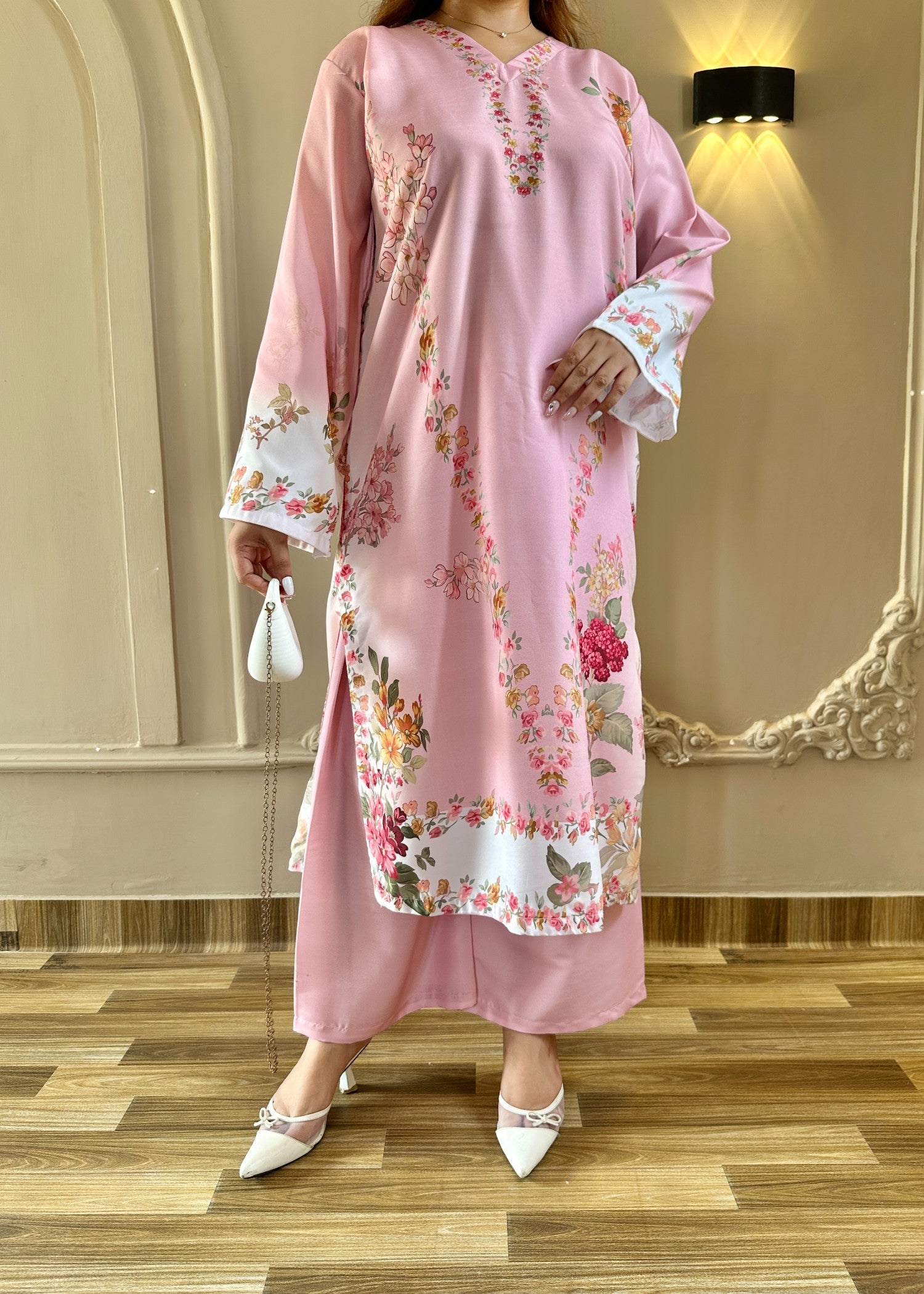 poly lawn Kurta Set in Pastel pink