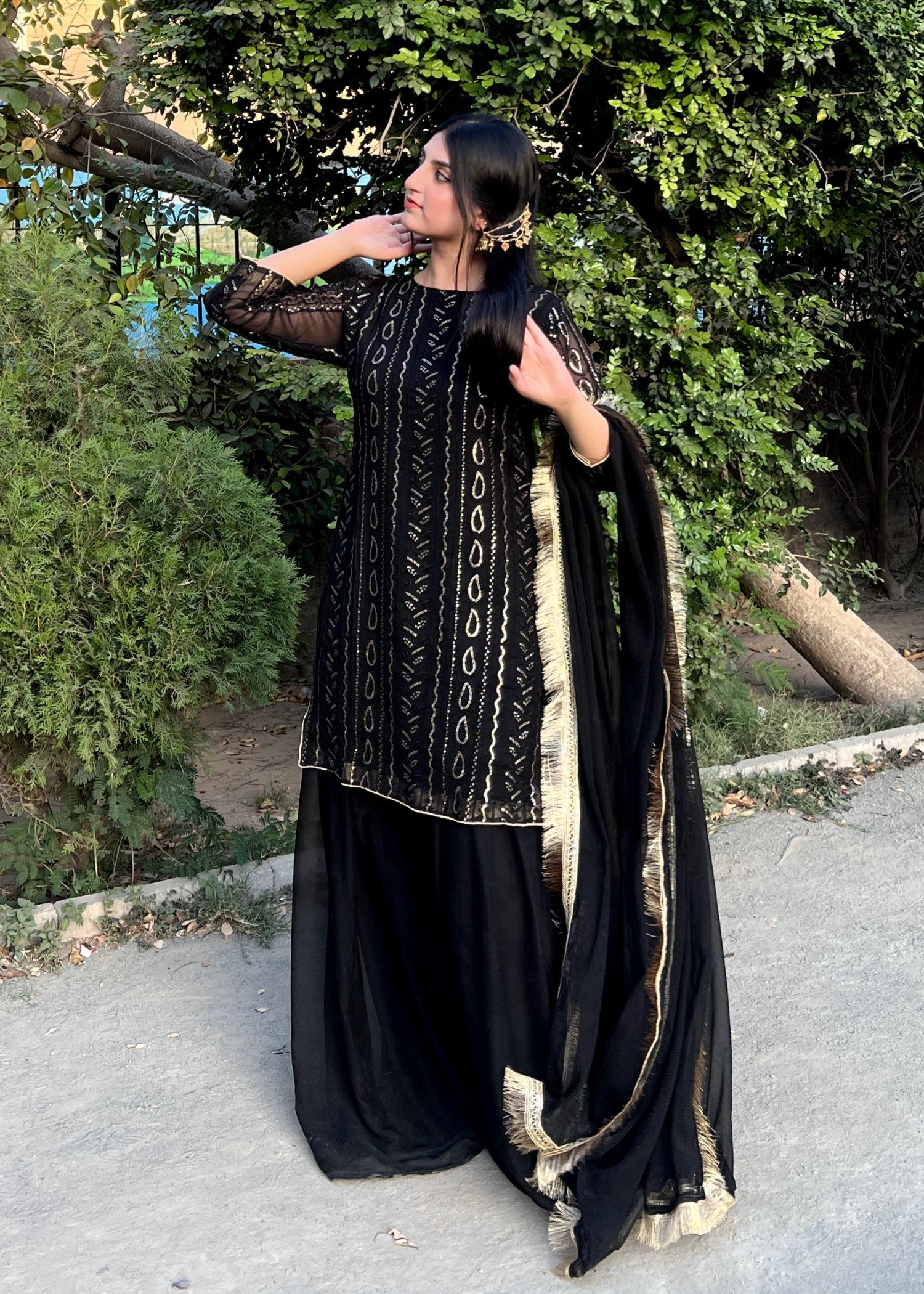 bemberg crinkle chiffon Sharara in Jet black