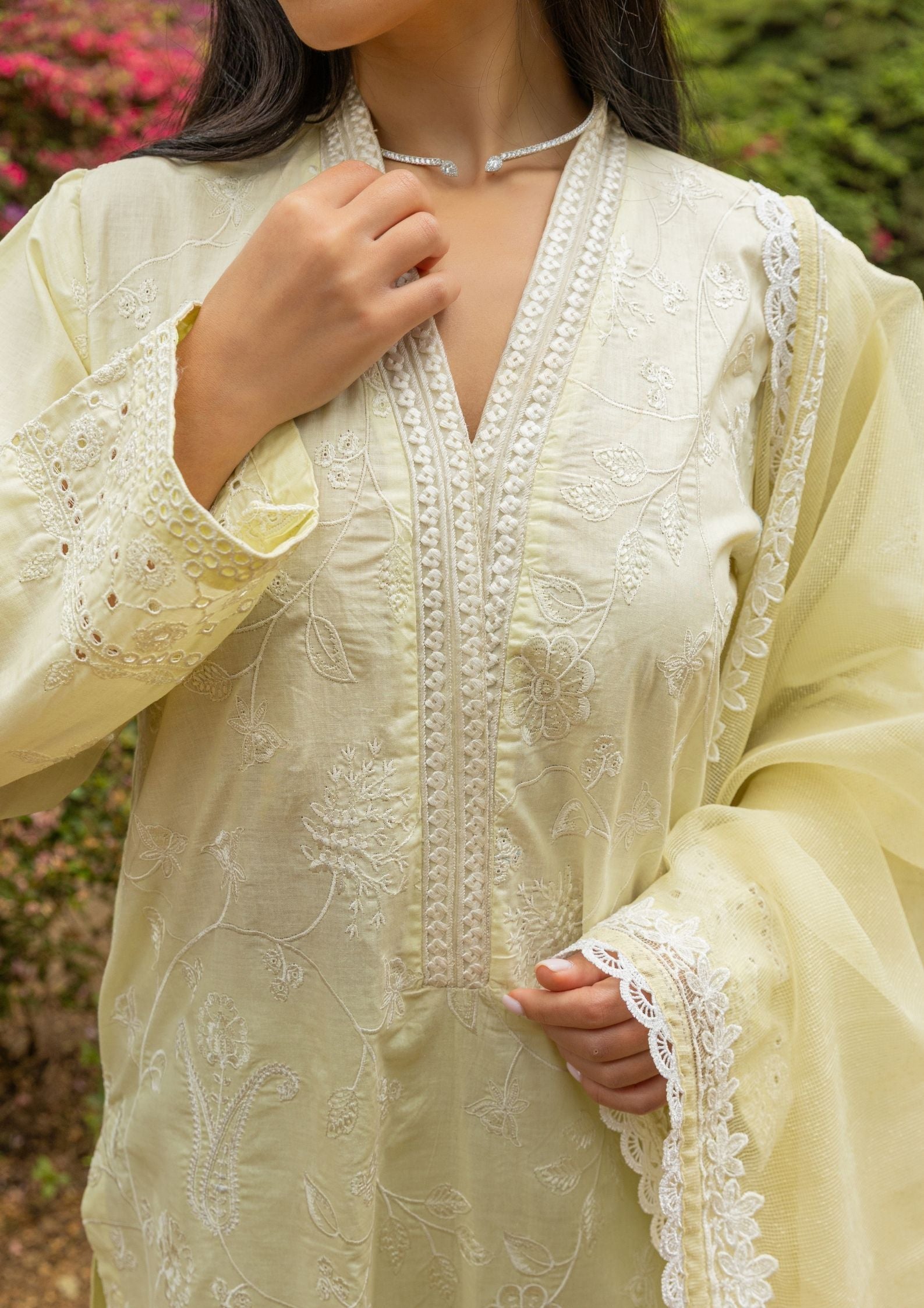 lawn cotton Kurta Set in Light yellow